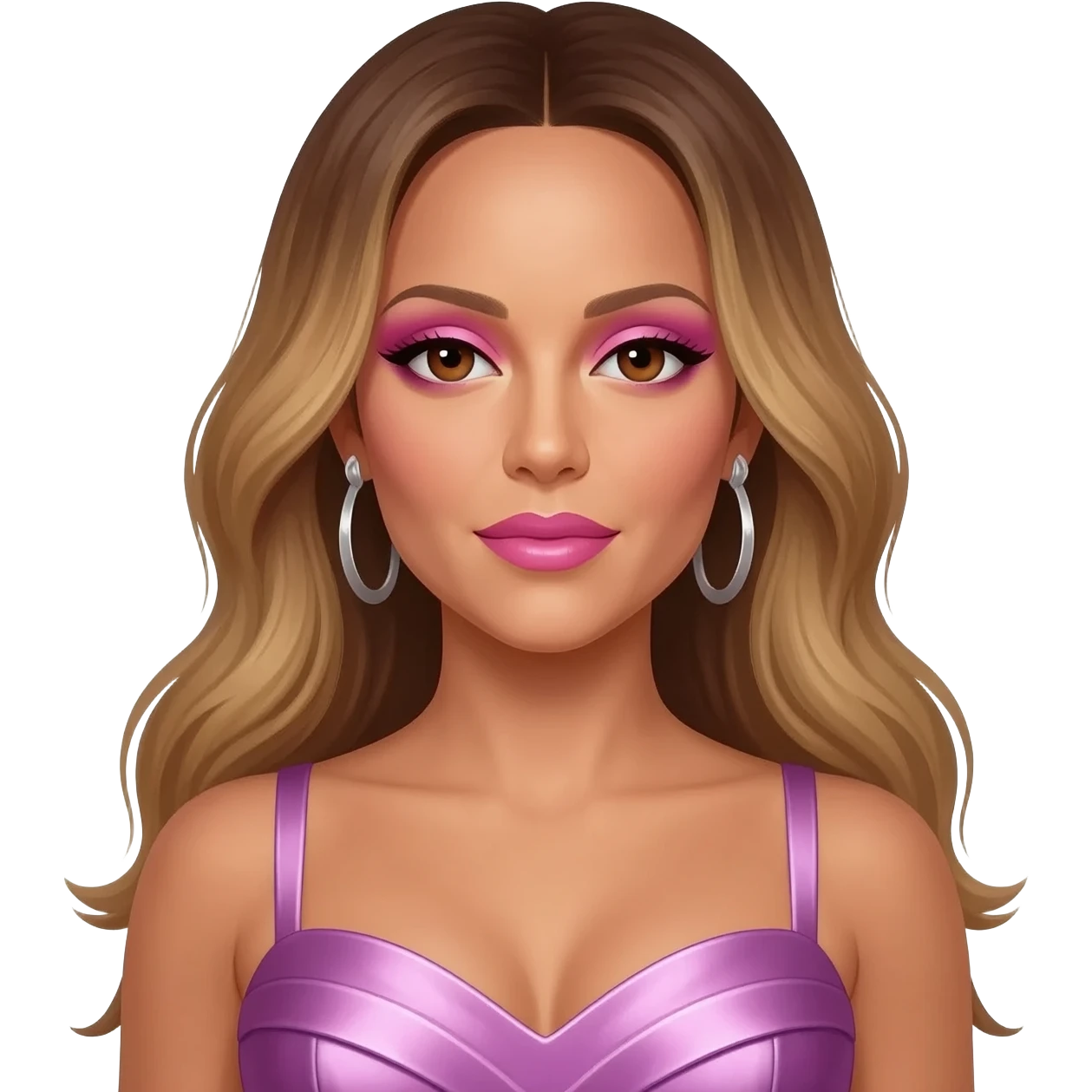 Mariah Carey with brown eyes, pink eyeshadow and lipstick, long dark blonde hair, lavender pink metallic sweetheart dress, silver earrings emoji