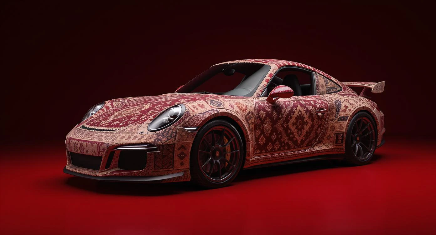 Closeup shot of a porsche 911, body of car made of russian carpet with patterns, red solid studio background, very dark room, top low key light, dutch angle, haze, captured by ARRI 65 emoji