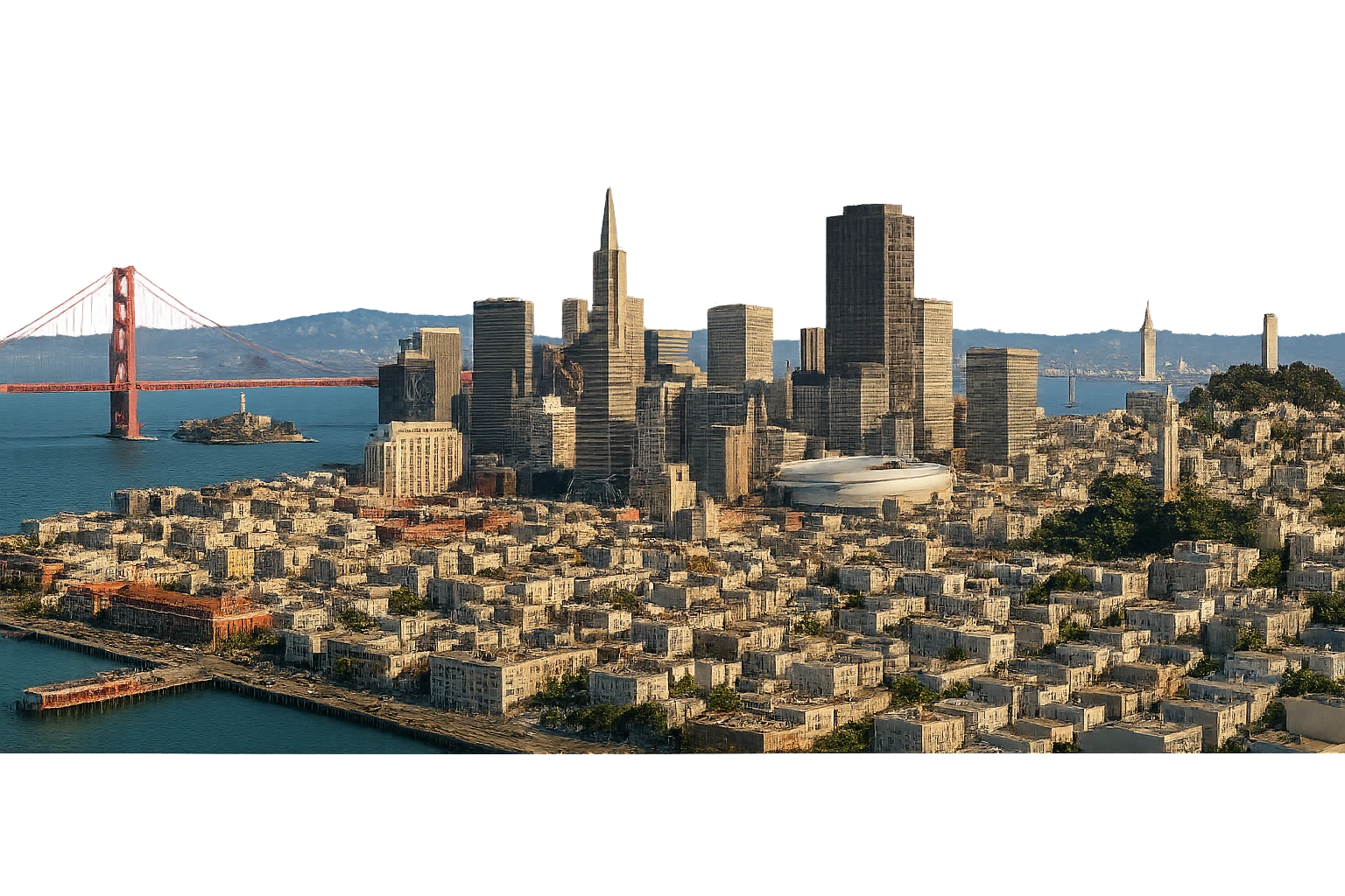 cinematic realistic emoji of San Francisco, wide cityscape with Golden Gate Bridge, Transamerica Pyramid, Chase Center, The Embarcadero, Ghirardelli Square, Alcatraz Island, Bay Bridge, Coit Tower, UC Berkeley belltower and Stanford Hoover Tower in the distance. Lifelike detail, accurate colors, bright daylight, no sky, no clouds, no text, transparent background emoji