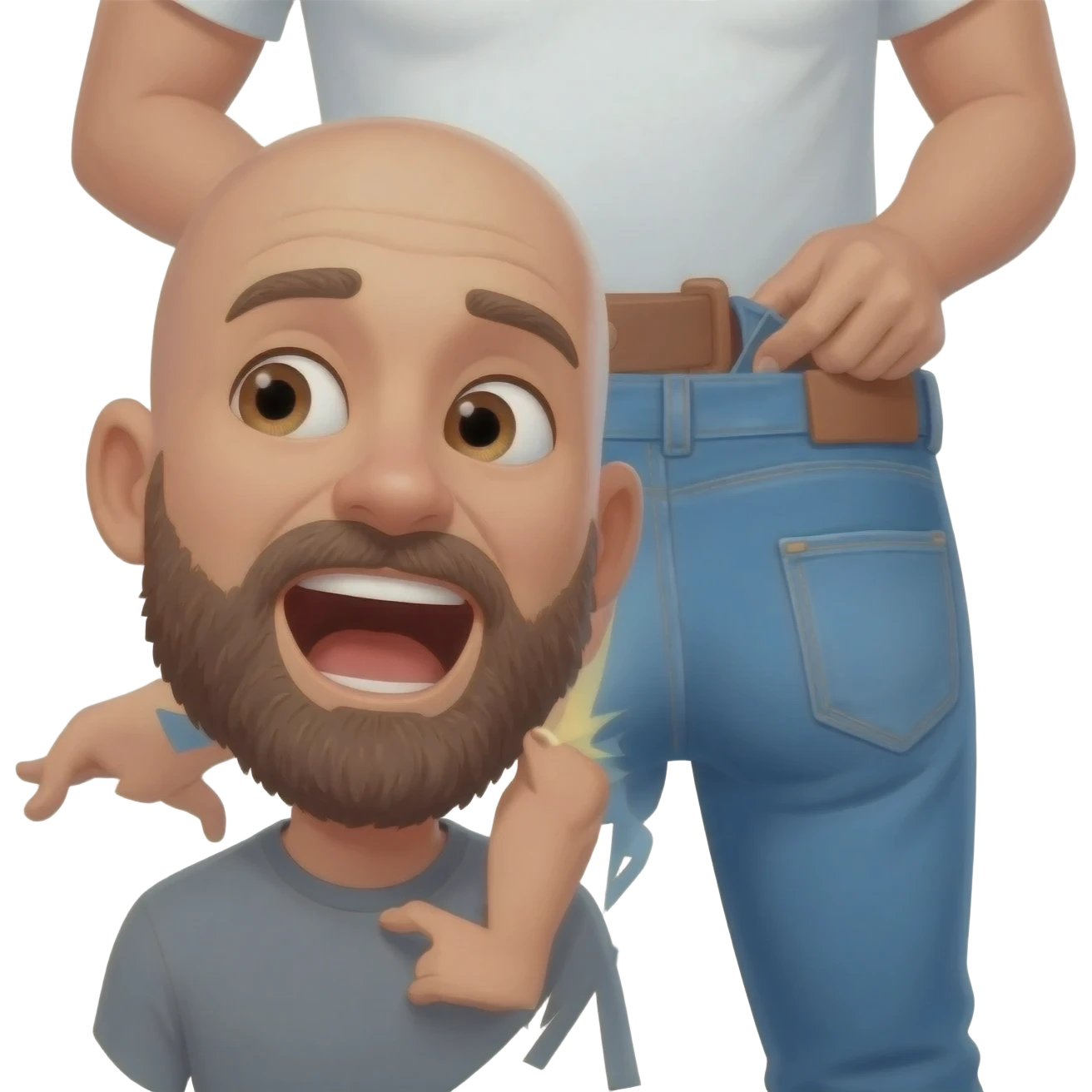 In profile a bald 35 year old guy with beard  has his mouth wide open close to a mans crotch as the man unbutton his jeans emoji