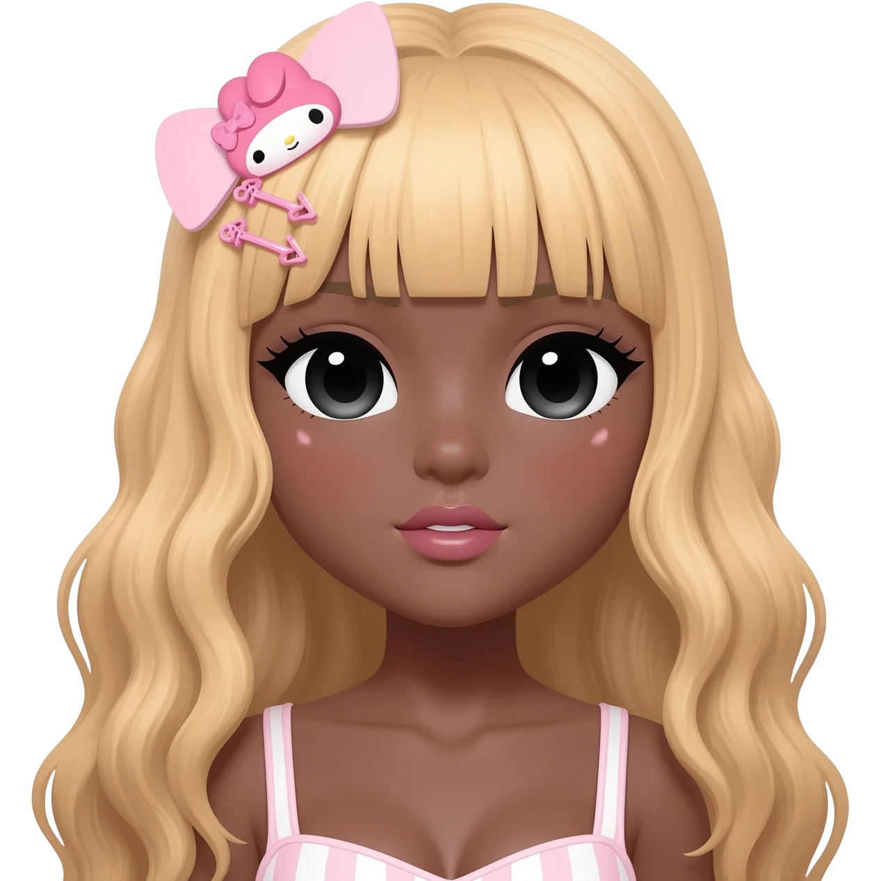 Gyaru makeup, himegyaru, my melody hairclip, cutecore, doll eyes, Doll, big chest, dark brown skin, with middle part wavy long blonde hair,  black cute eyes, cute lips with Gyaru outfit emoji