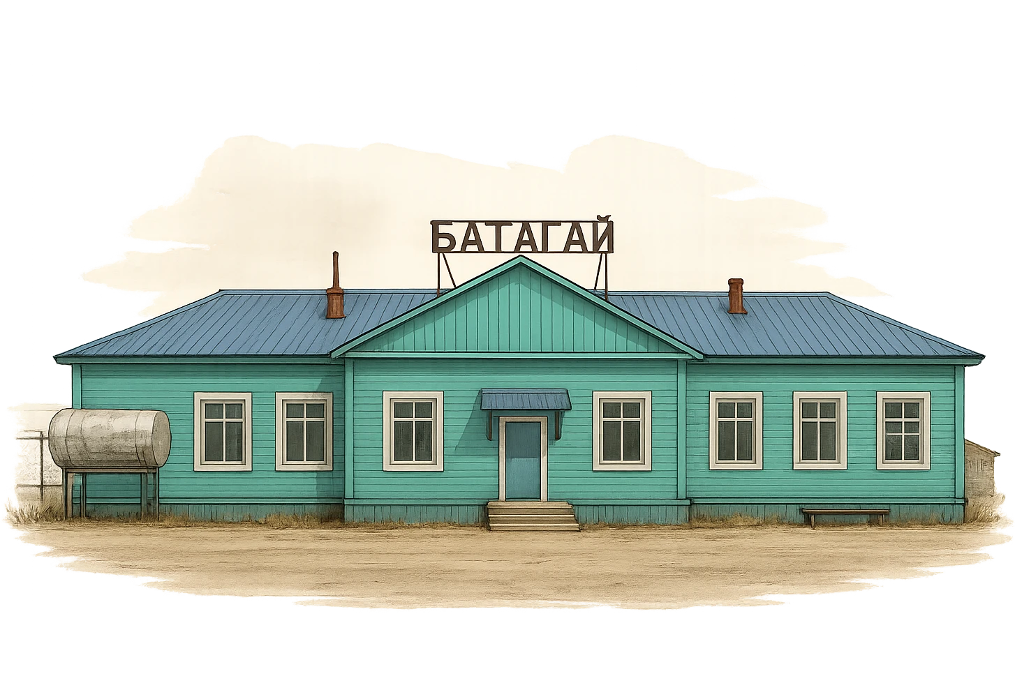 Используя эту стилистику, сгенерируй фотореалистичную картинку  домика с надписью Батагай, прозрачный фон emoji
