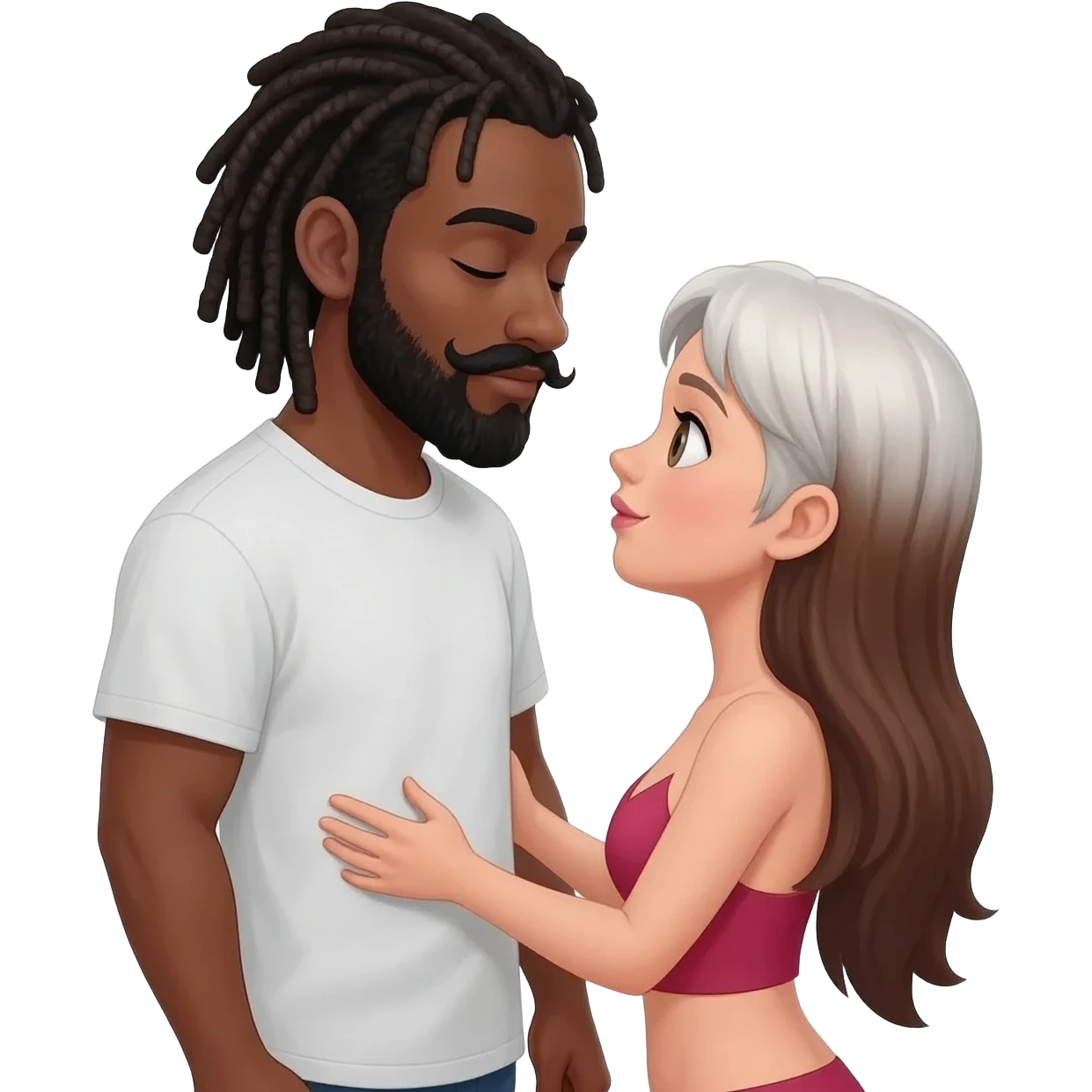 Tall black Man with moustache and goatee stood up with dreads emoji and a short woman with long brown hair white girl emoji having sex emoji