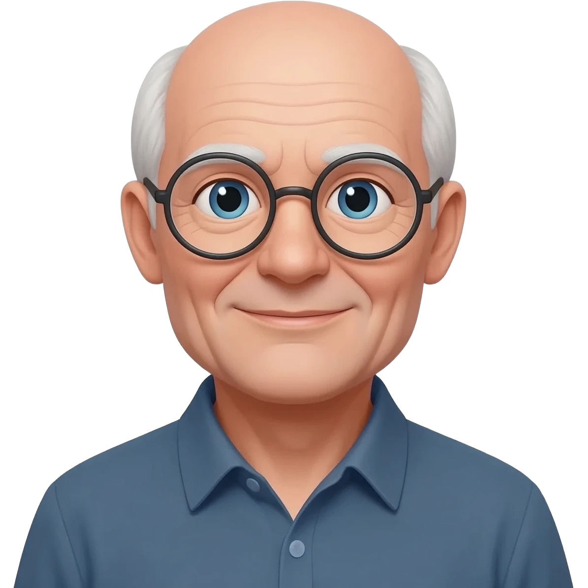 un grand père chauve, peau blanche, sans moustache, sans barbe, avec lunettes et yeux bleu emoji