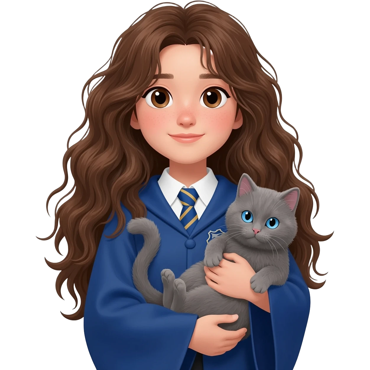 Asian girl with long messy wavy brown hair and brown eyes wearing blue Ravenclaw robe, holding a gray cat with blue eyes in hands emoji