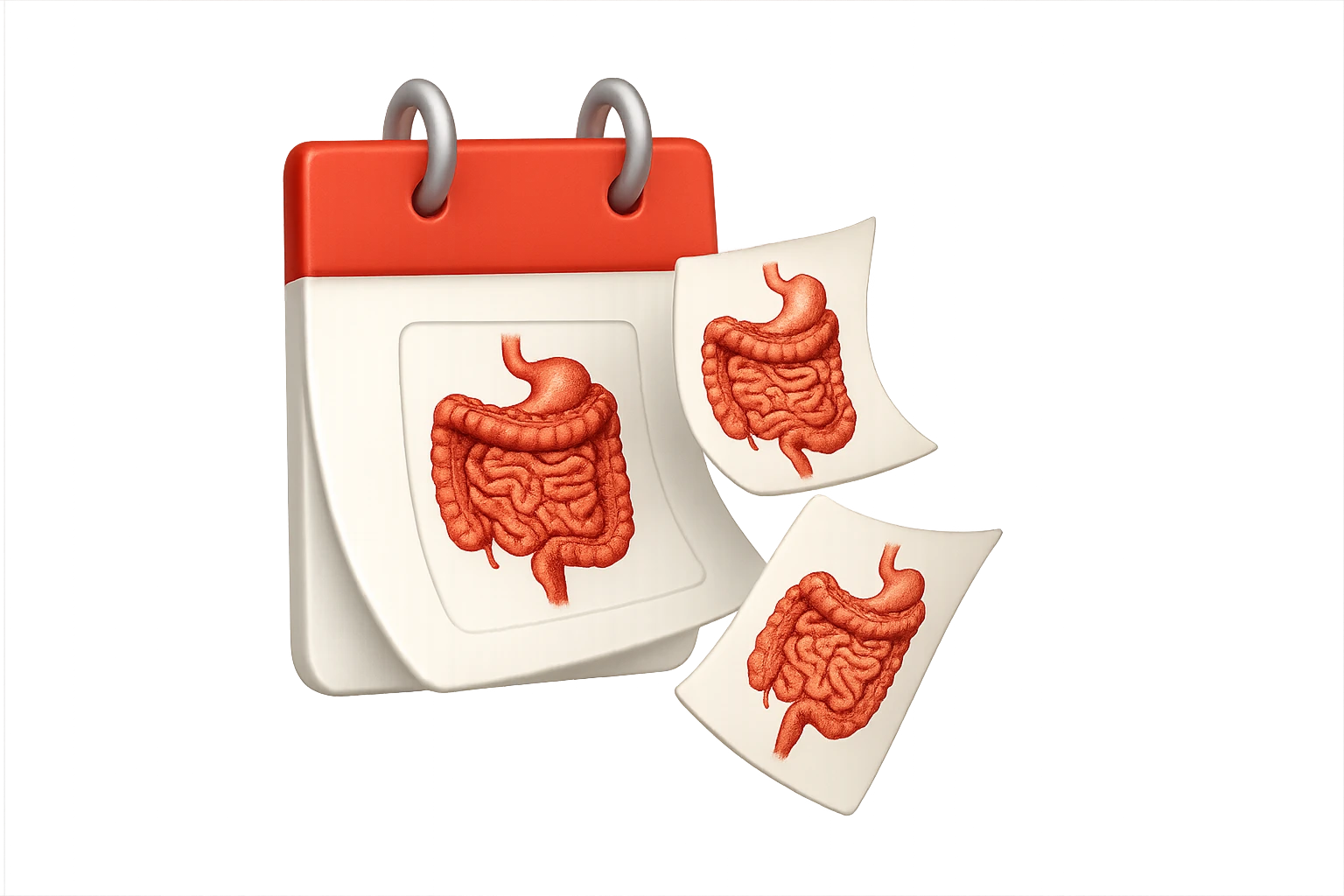 emoji stile iphone di un calendario con fogli che volano insieme, sui fogli ci sono disegnati degli intestini anatomici, iperrealistico 4k, isolato su sfondo bianco emoji