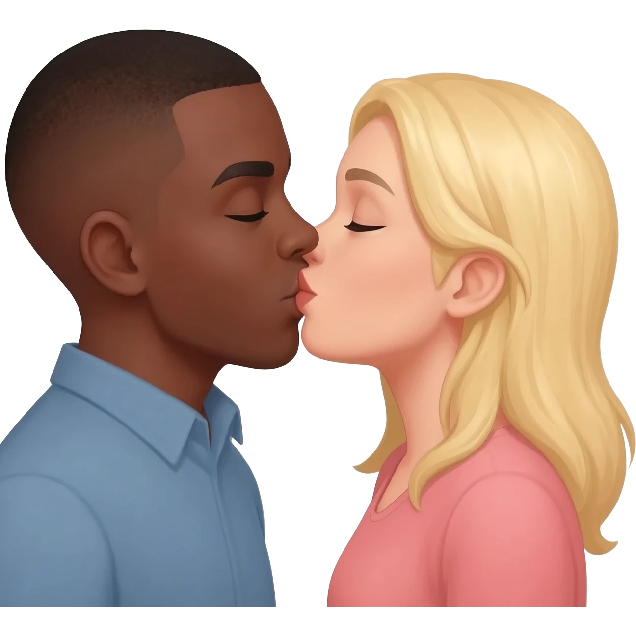 Black man with shaved head kissing blonde woman emoji