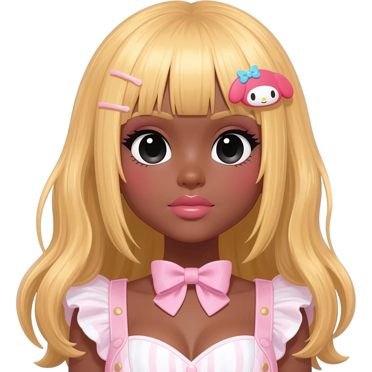 Gyaru makeup, himegyaru, my melody hairclip, cutecore, doll eyes, Doll, big chest, dark brown skin, with long blonde hair,  black cute eyes, cute lips with Gyaru outfit emoji