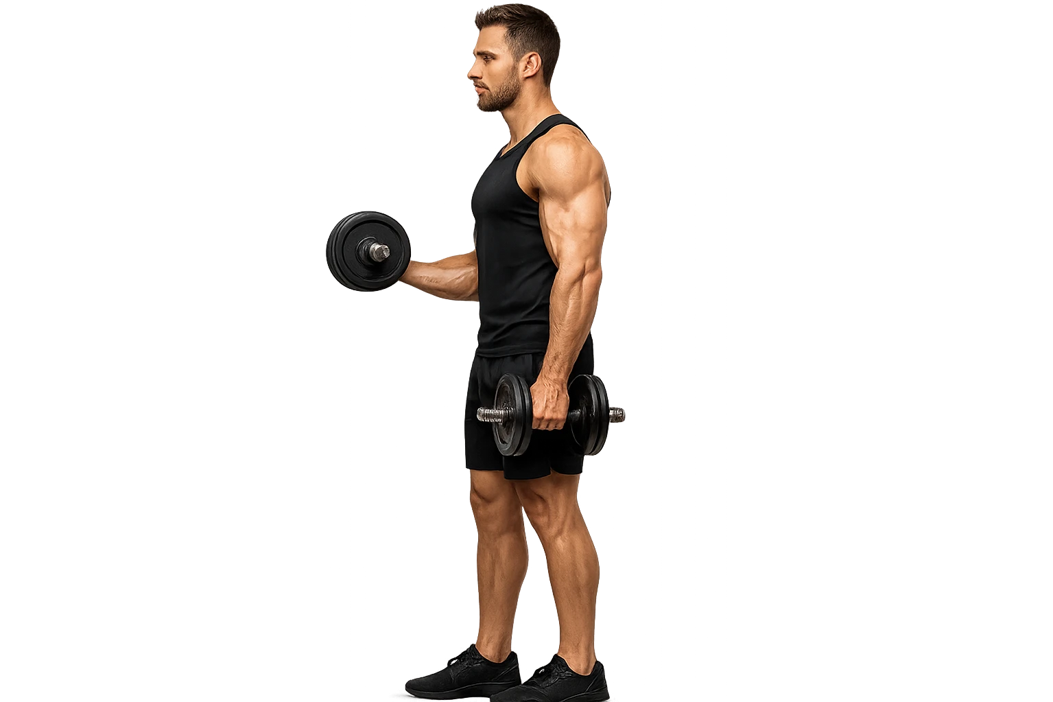 uomo fitness di profilo a figura intera con manubrio da palestra in mano, iperrealistico 4k emoji