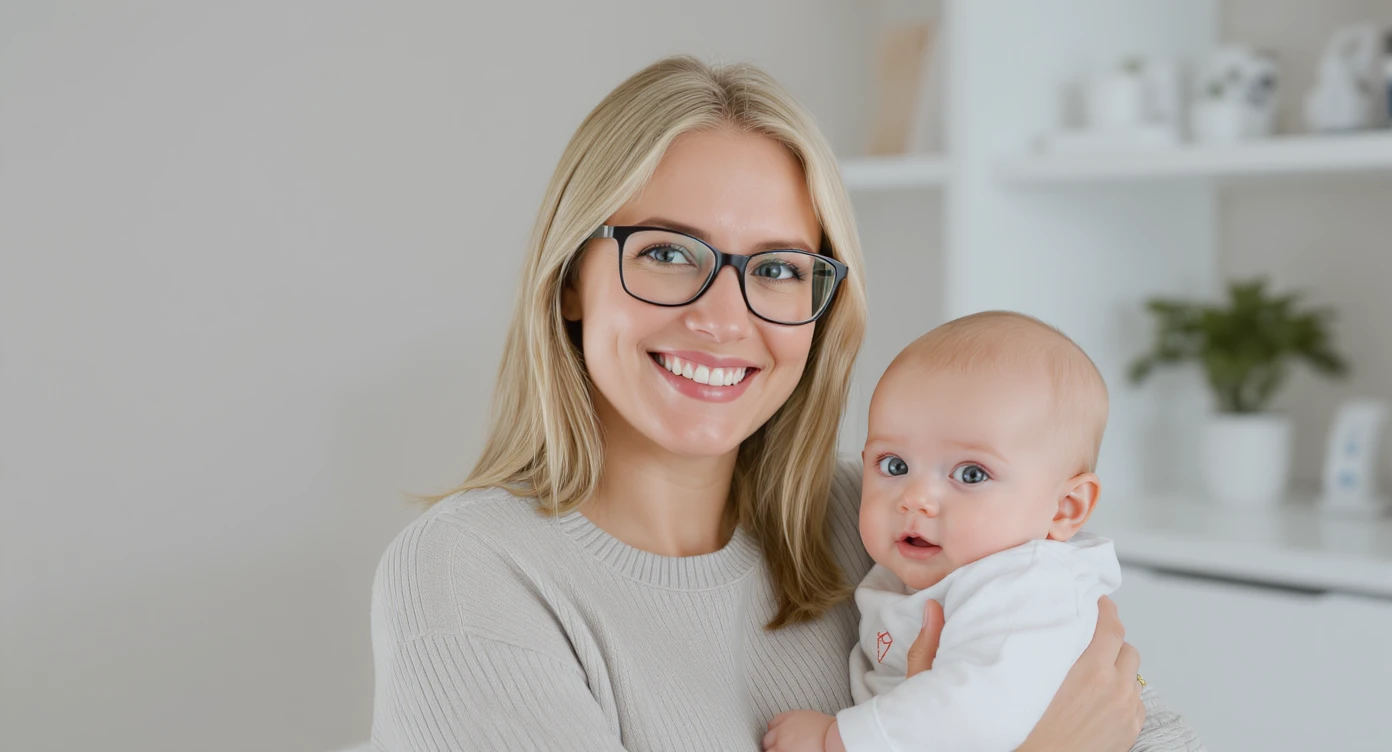Cinematic still, Proffesional advertising of a smiling european white woman with glasses smiling holding baby, minimalistic ophthalmologist interior in background, leading  lines, "rule of thirds", 60/30/10 colors, soft light emoji