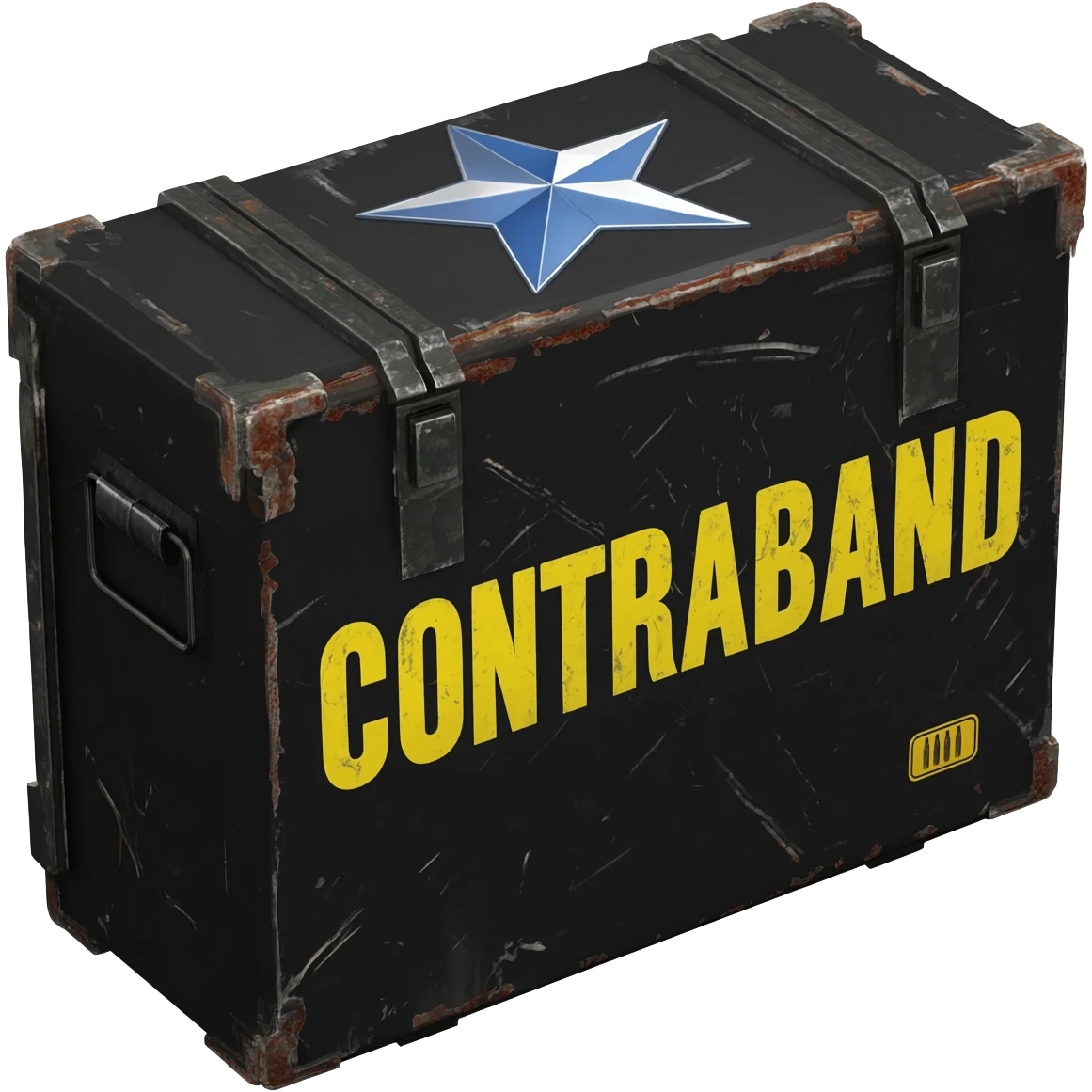 black military ammo box view from 35 degres with a  big yellow text on it "CONTRABAND"  add alot of details like a military star, scracths etc emoji