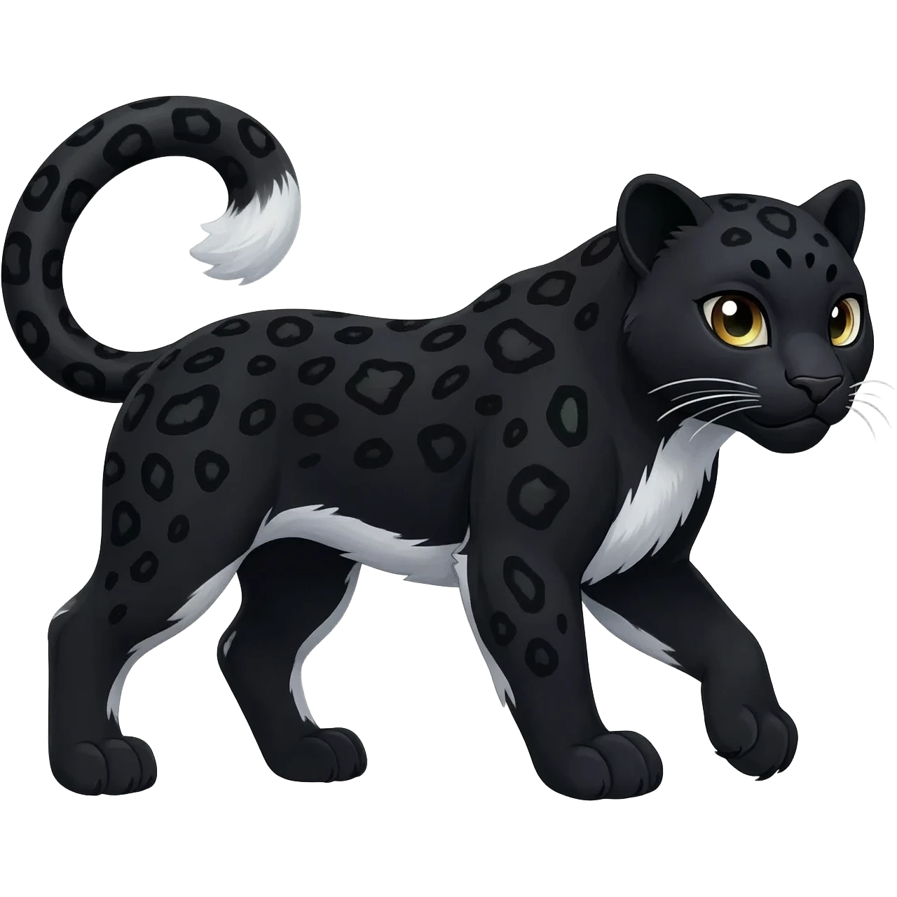 Black Snow Leopard-Panther-hybrid-animal-creature with white stripes and spots and splotch markings emoji