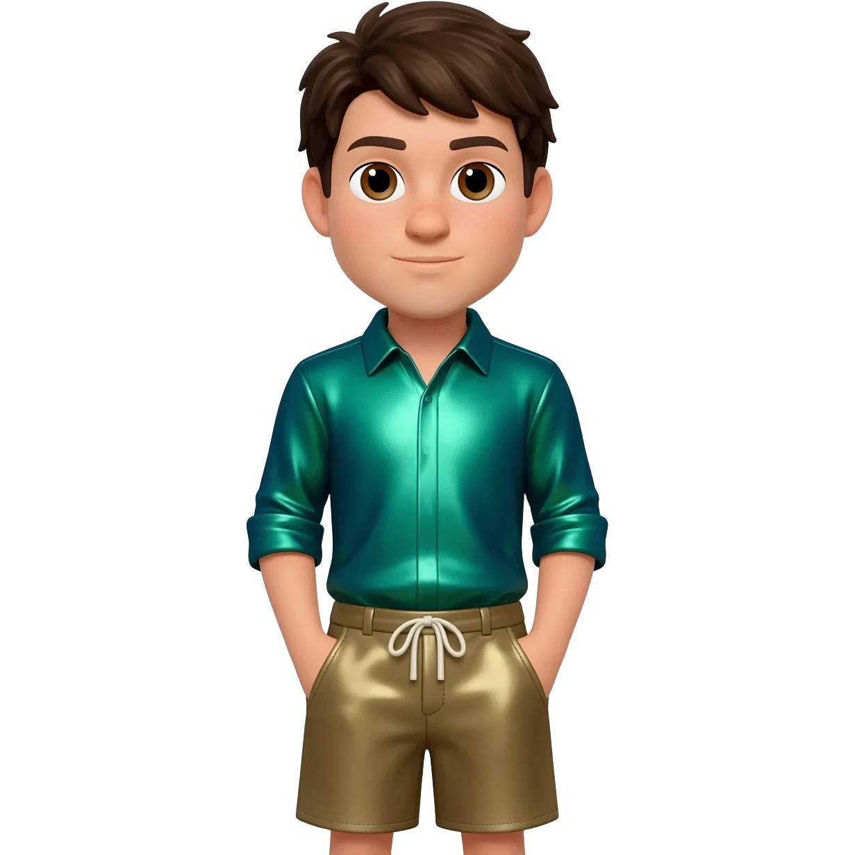 Chris Kratt with brown eyes, dark brown hair, green blue metallic shirt, khaki metallic baggy shorts emoji