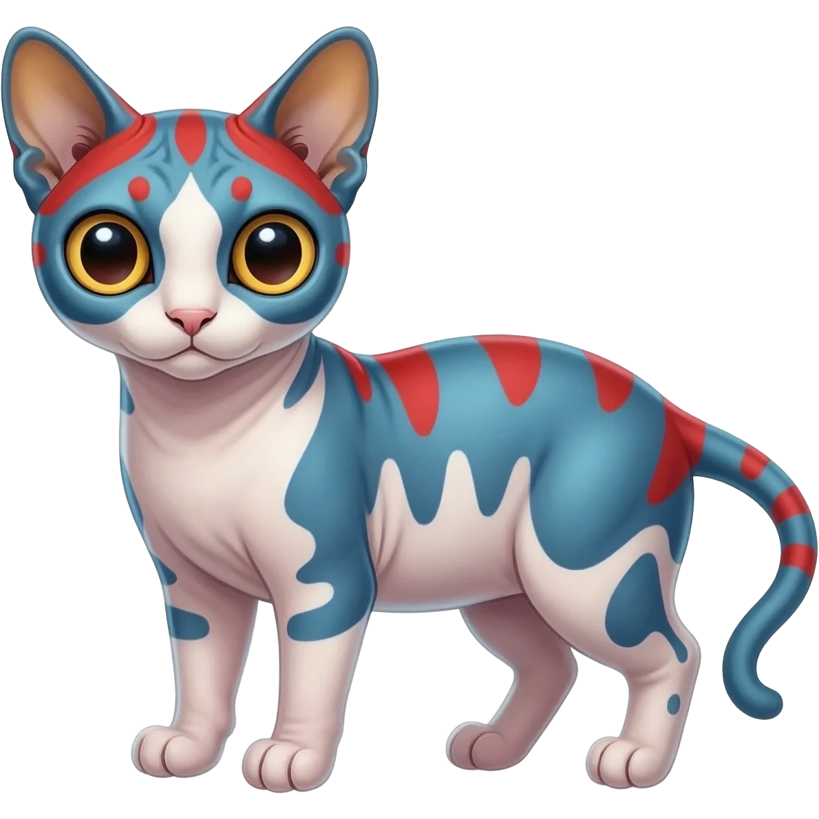 White and blue and red Asian painted anime-styled big-eyed shiny glorious divine marked exotic cool beautiful realistic Lykoi-civet-genet-sergal-ocicat-oncilla-animal-Fakémon-hybrid-fursona (full body) emoji