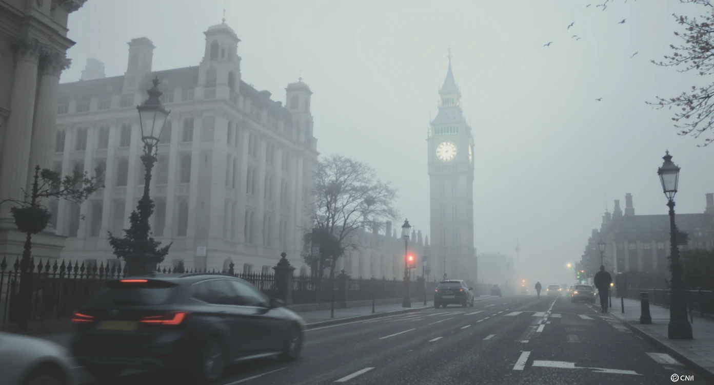 Cinematic shot of a london street, cloudy foggy day, soft light, leading lines to big ben in distance, multi composition, in foreground blurred car, on second street around UK bulding, od another plan in distance big ben, birds flying, artistic look, captured on arri alexa 35 emoji