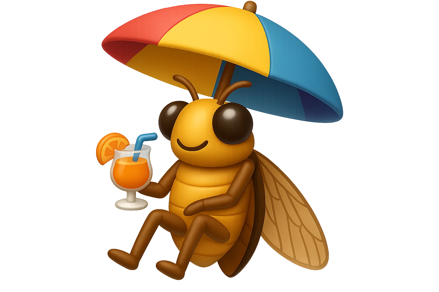 EMOJI STILE IPHONE 3D DI UNA CICALA CHE STA RILASSATA SEDUTA SOTTO L'OMBRELLONE CON UN COCKTAIL IN MANO emoji