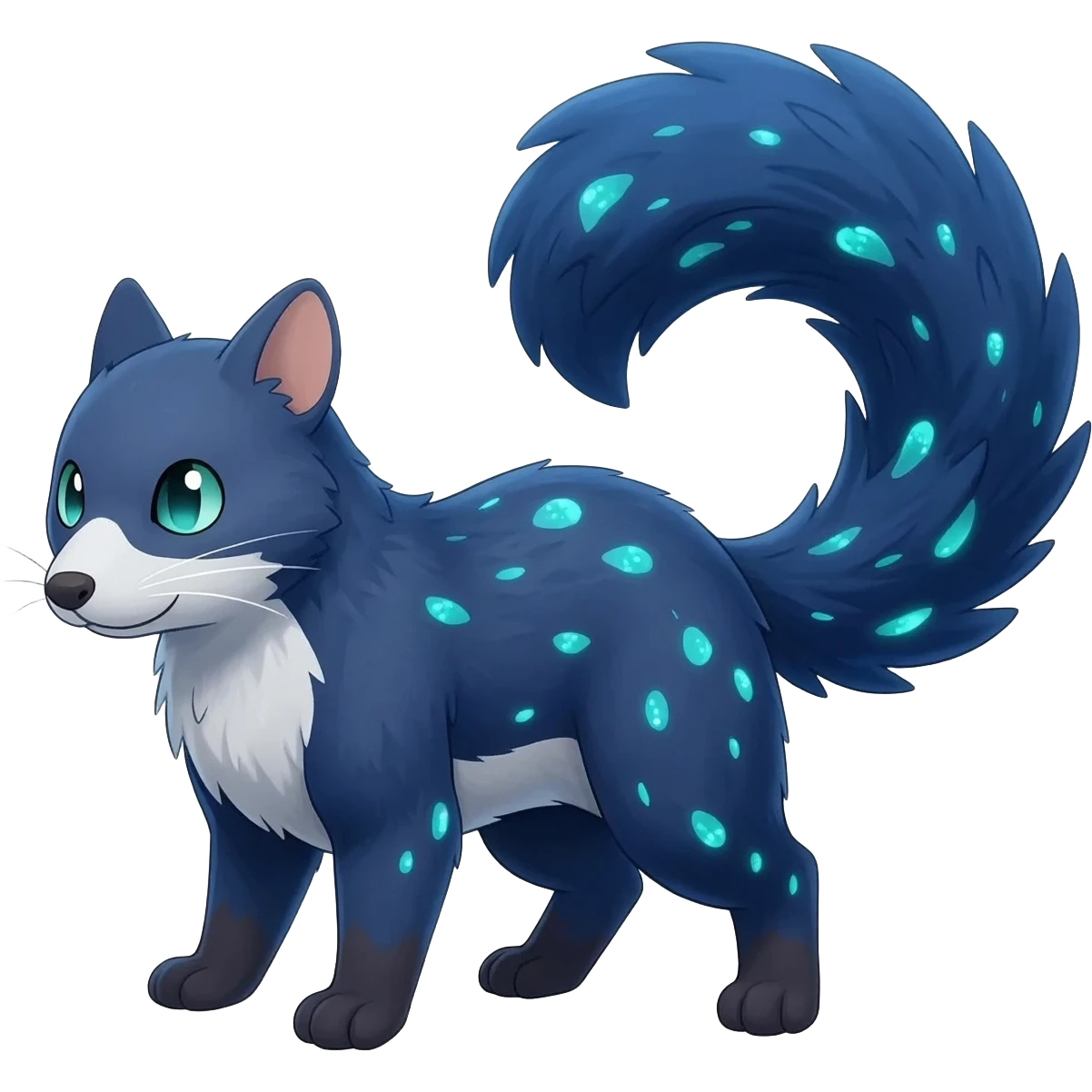 Hyper realistic  deep-ocean indigo fur seeded with bioluminescent plankton speckles beautiful elegant pretty precious cute  Fakémon-Pokémon-opossum-feline-serval-caracal-chinchilla-Furret-Minccino-hybrid-creature with a big fluffy bushy tail (full body) emoji