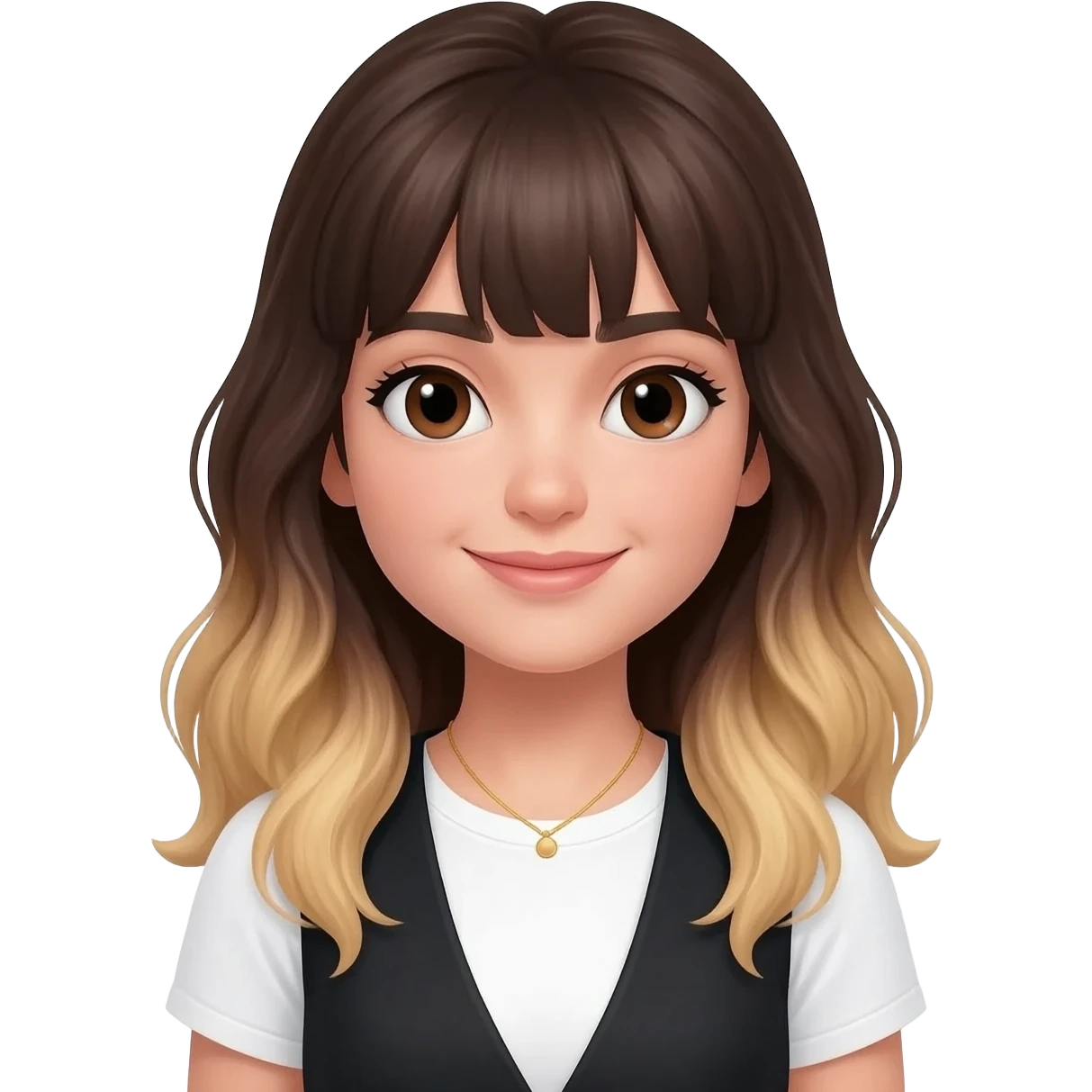 An adult girl with an oval-shaped face and feminine features, long dark brown wavy hair fading to blonde at the ends with light bangs. Thick dark eyebrows, large expressive eyes, and a warm smile. She is wearing a white T-shirt with a black vest and a delicate golden necklace. emoji
