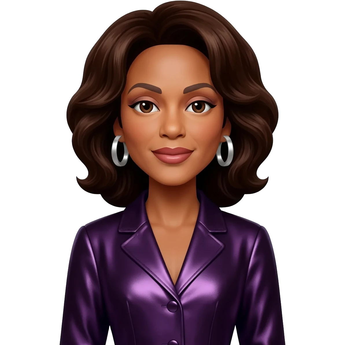 Whitney Houston with dark brown hair, dark purple metallic jumpsuit, silver earrings emoji