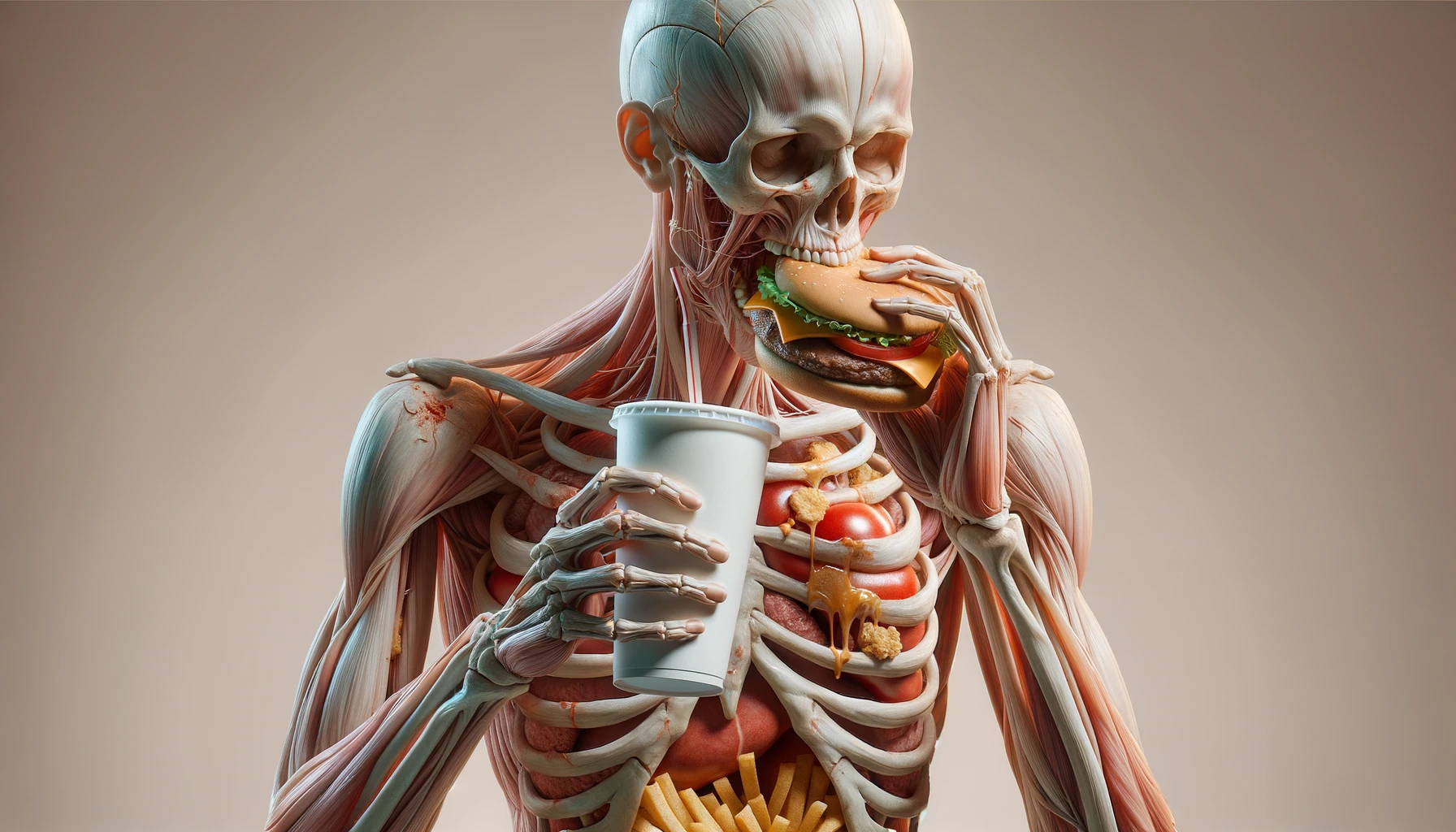 CORPO UMANO ANATOMICO CHE MANGIA FAST FOOD E STA MALE, SFONDO NEUTRO CHIARO, IPERREALISTICO 4K emoji