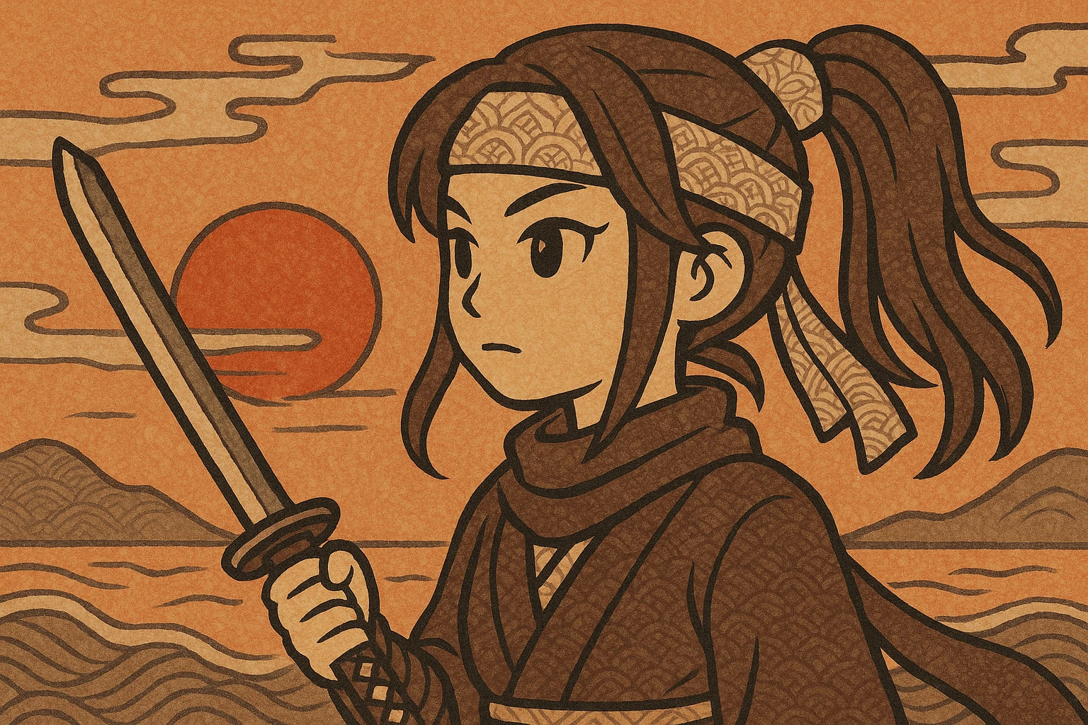 anime-style portrait of a traditional Japanese samurai girl ninja, holding a sword in one hand, watching a sunset with an orangish background, emoji format emoji