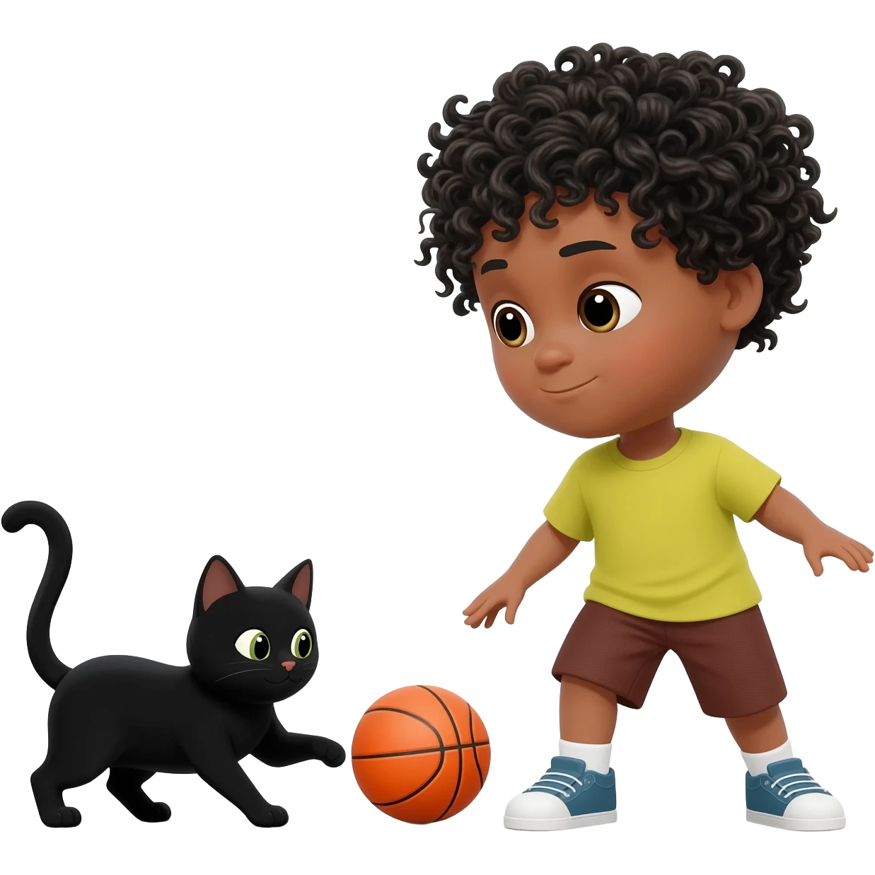 Black cat playing with orange basketball and a little boy with curly black hair emoji