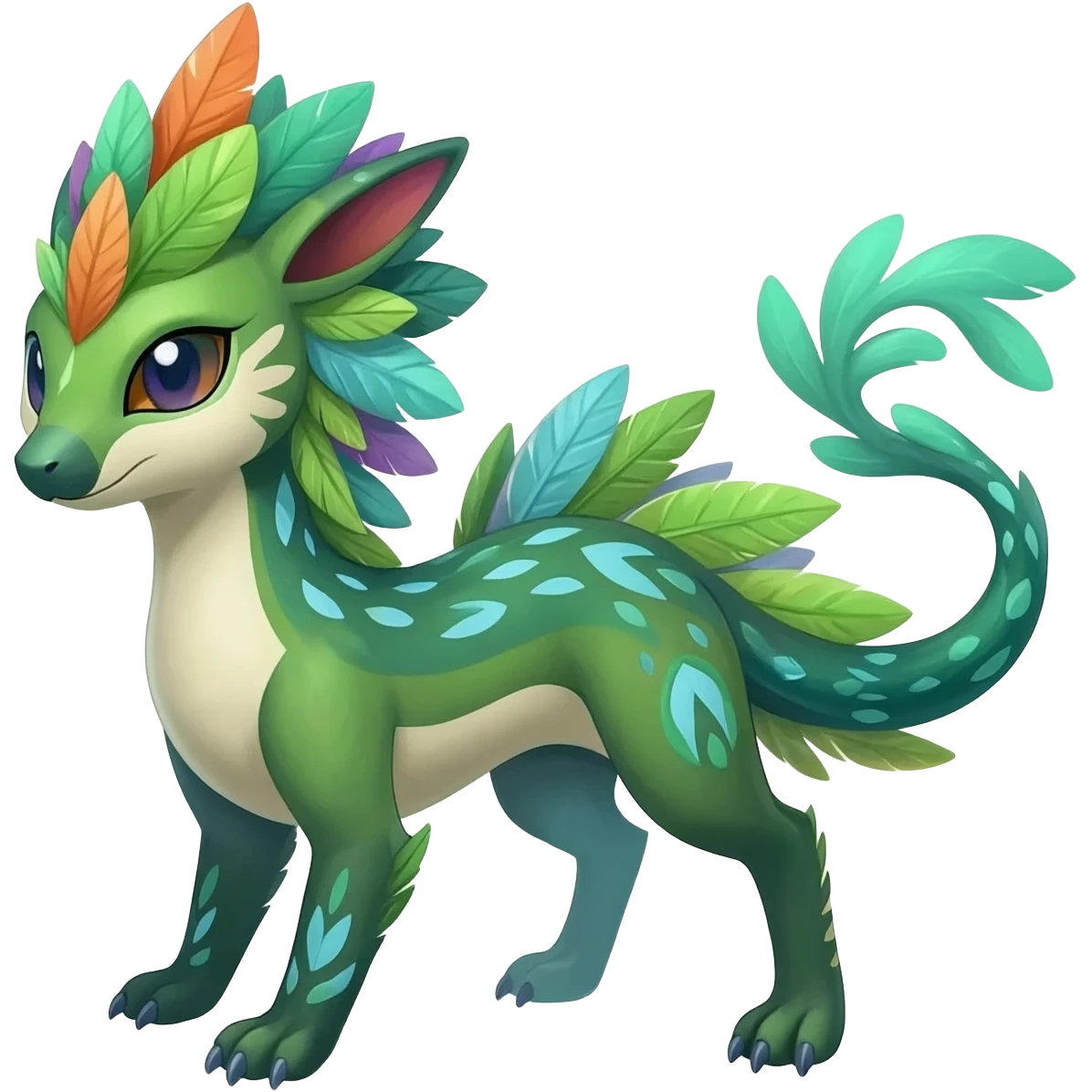  Tropical feathery shamanic cultural Greenish beautiful handsome gorgeous aesthetic colorful vibrant Vernid-Trico-species-Fakemon-creature by LiLaiRa, 4 legs, 1 tail, random markings, (full body) emoji