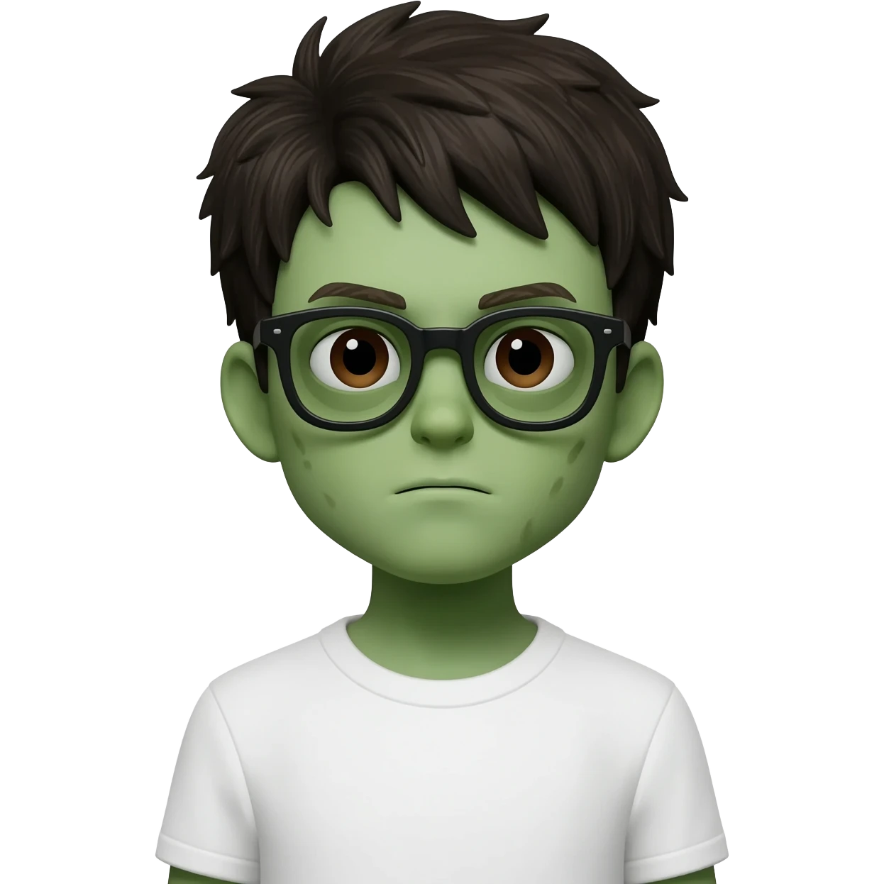 zombie boy with white tshirt and black brownish hair and with black glasses frames on hair is texturized young boy and round face more green face and dark brown eyes emoji