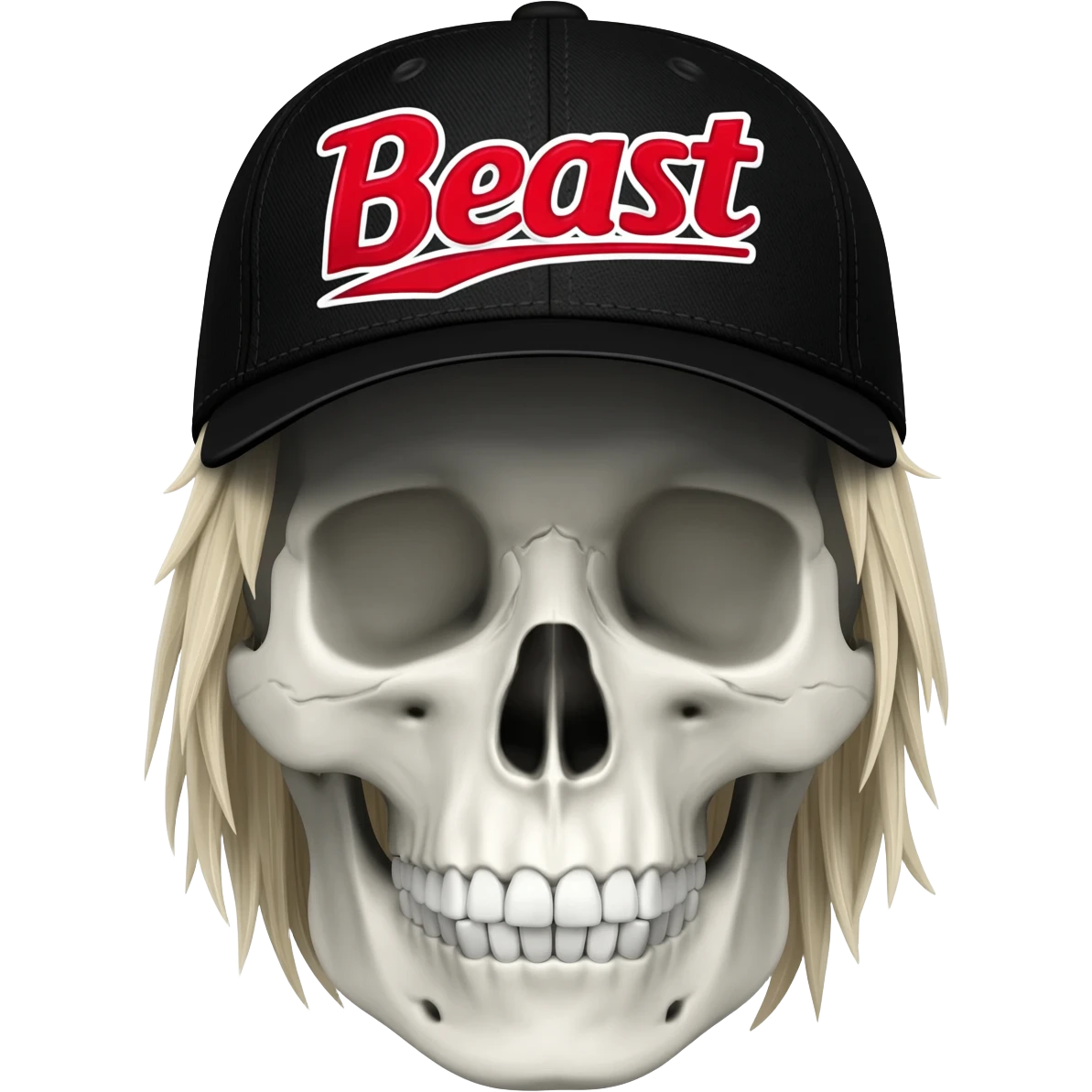 A skullhead thats wearing a black baseball cap with the words "Beast" in red and white with blonde hair emoji