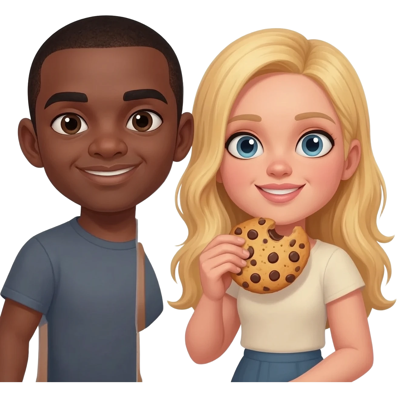 Black man with shaved head eating cookies with blonde woman emoji