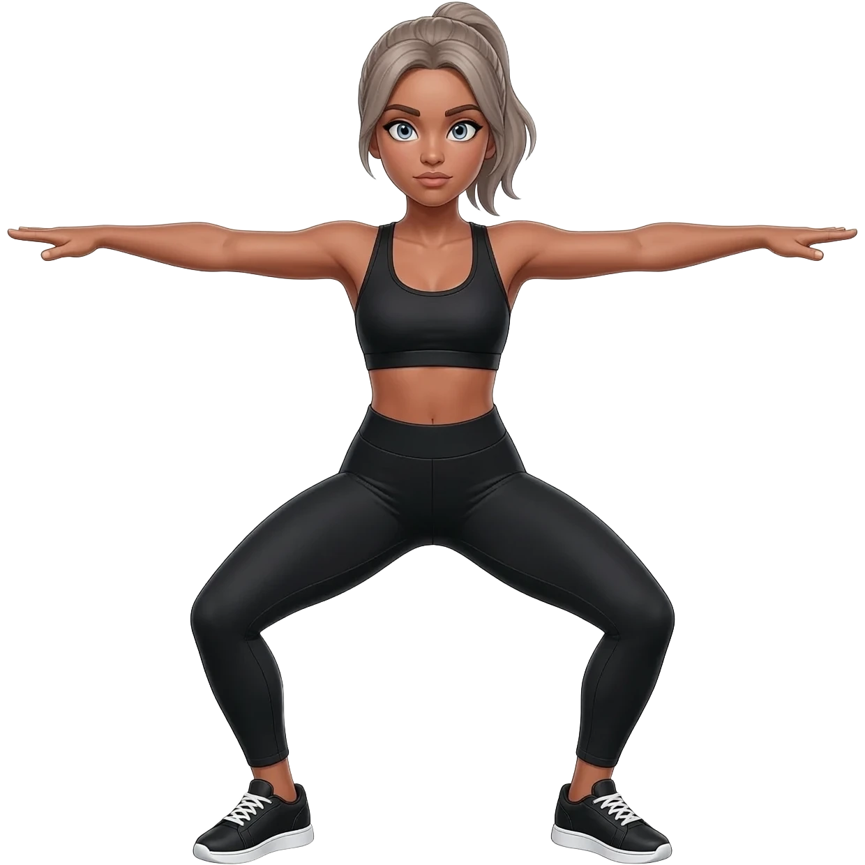 star pose, arms and legs wide, energetic stance, fair-skinned woman, gray-blue eyes, ash brown brows, ash light brown hair tied back, slim athletic body, black workout set, black sneakers with white soles emoji