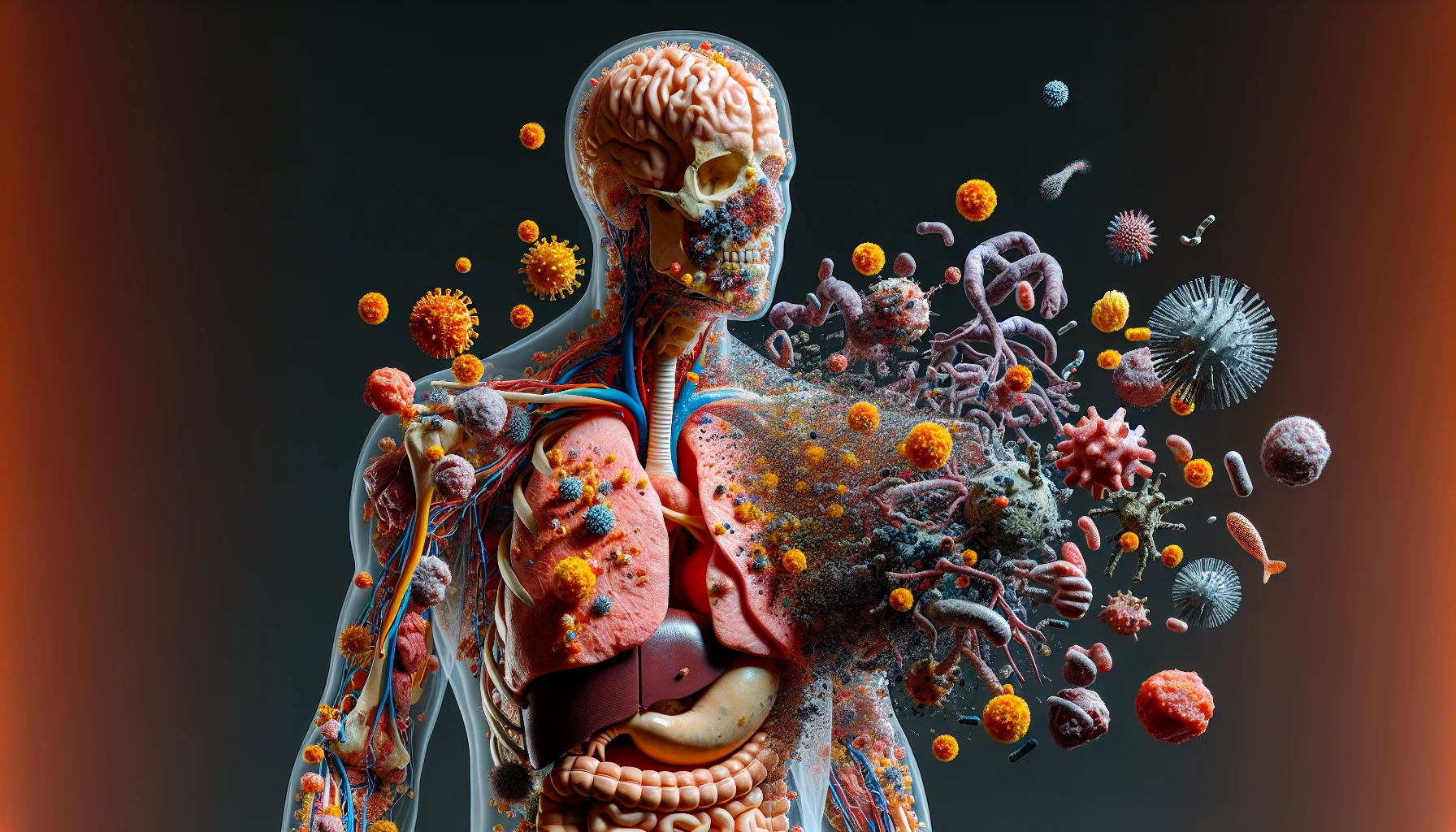 corpo umano anatomico che accumula tossine e virus e malattie nel corpo , iperrealistico 4k emoji