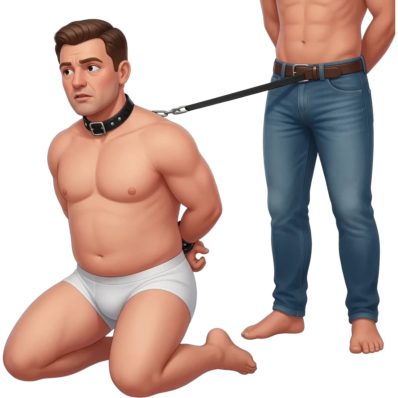 Forty year old stocky guy in white briefs on his knees with mouth wide open and a black leather collar around his neck and hands tied behind his back. a man stands behind him in jeans and only his legs visible and pulling on a leash attached to the collar emoji