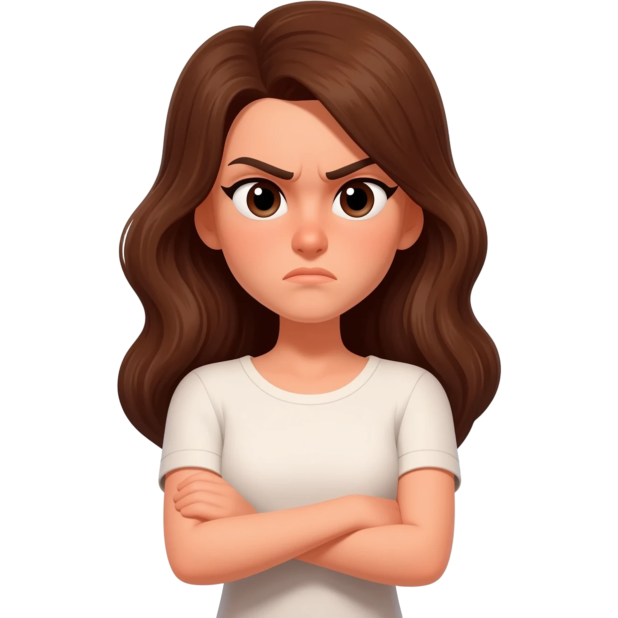 brown hair woman arms crossed and angry emoji