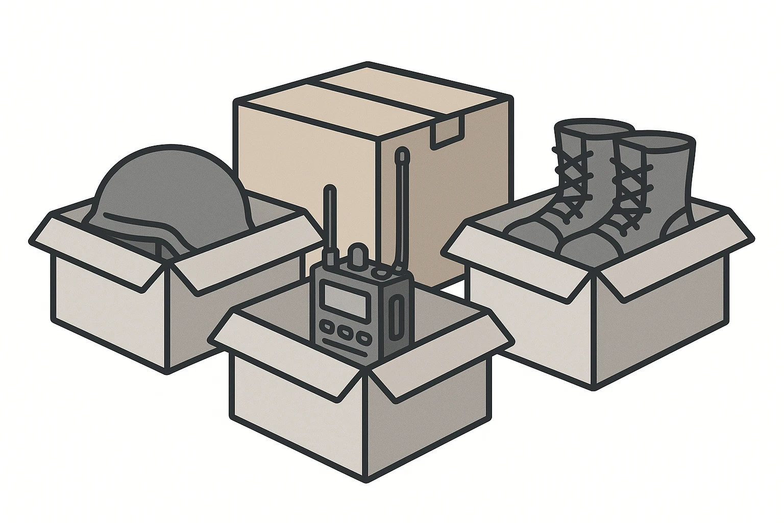 military equipment in boxes, minimalist style, simple shapes, boxes hinting at contents emoji