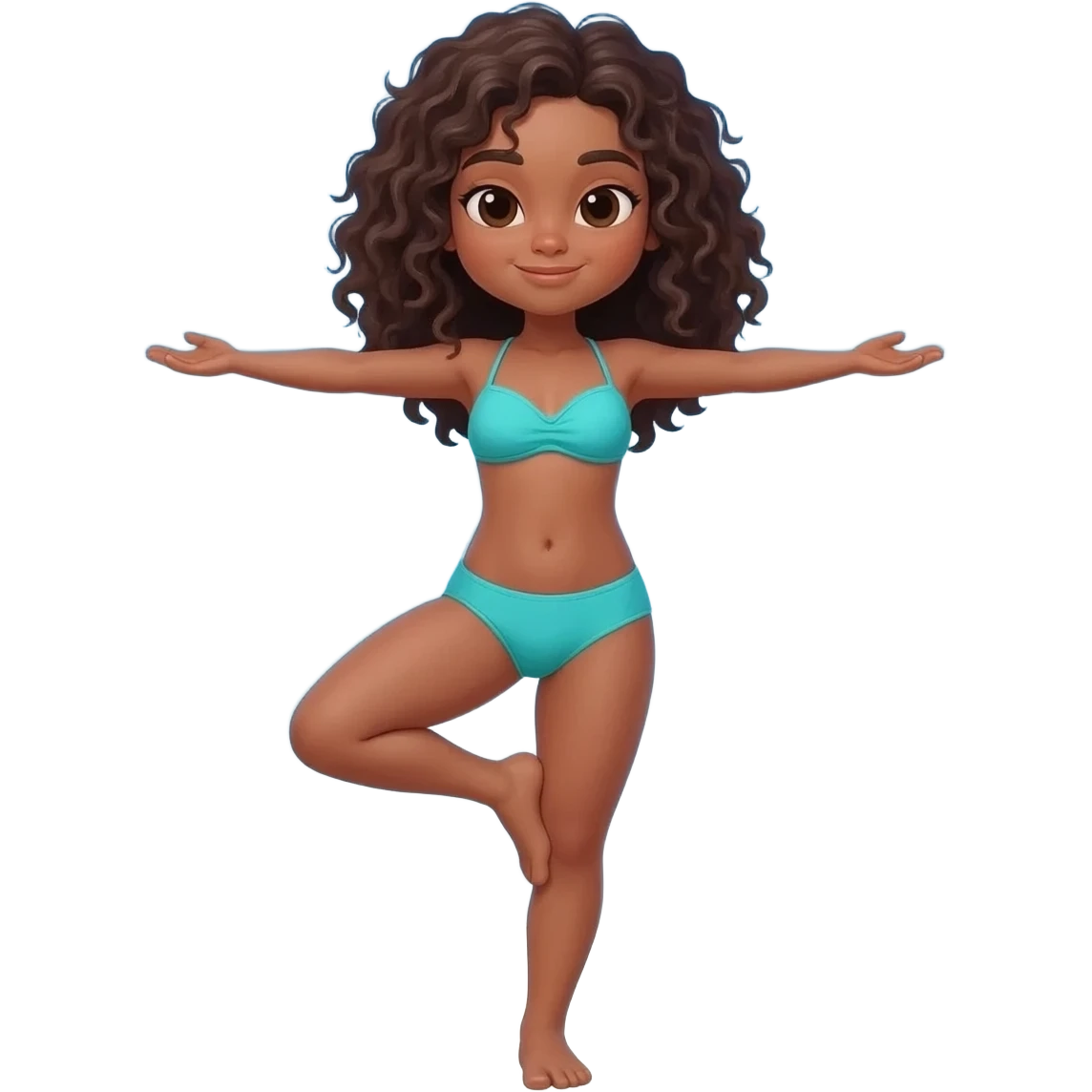 Une fille. Cheveux bouclé. Maillot. Verse. Elle adore faire du yoga ? Ce ça passe dors. À l'appel Juliette emoji