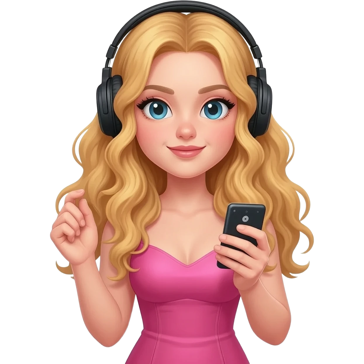 girl blonde long hair in pink dress listen to music rock and roll on black headphones with mp3 player and hold on headphones on head with right hand emoji