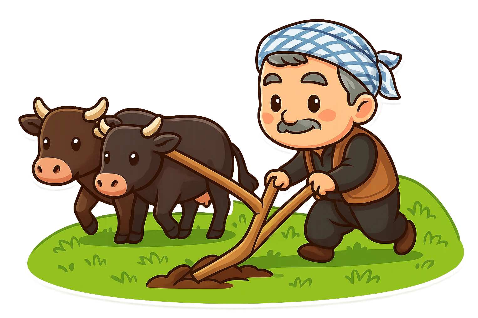 Create a chibi cartoon sticker of a Kurdish farmer plowing the land with two cows using a yoke and traditional plow, on a green hillside. The style should be cheerful and colorful with a transparent background. emoji