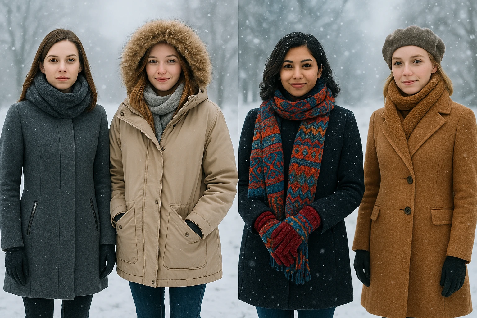 woman wearing winter coat, scarf and gloves, cold background, diverse styles emoji
