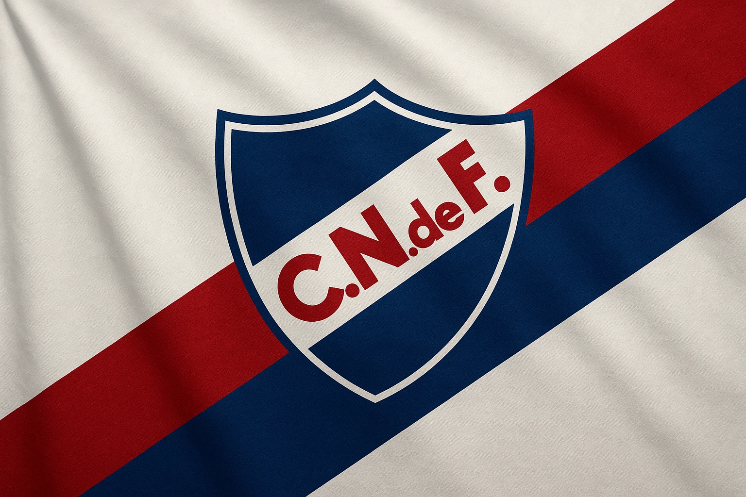 classic design flag of Club Nacional de Football, white background with diagonal blue and red stripe, club crest in the center, realistic style, no text emoji