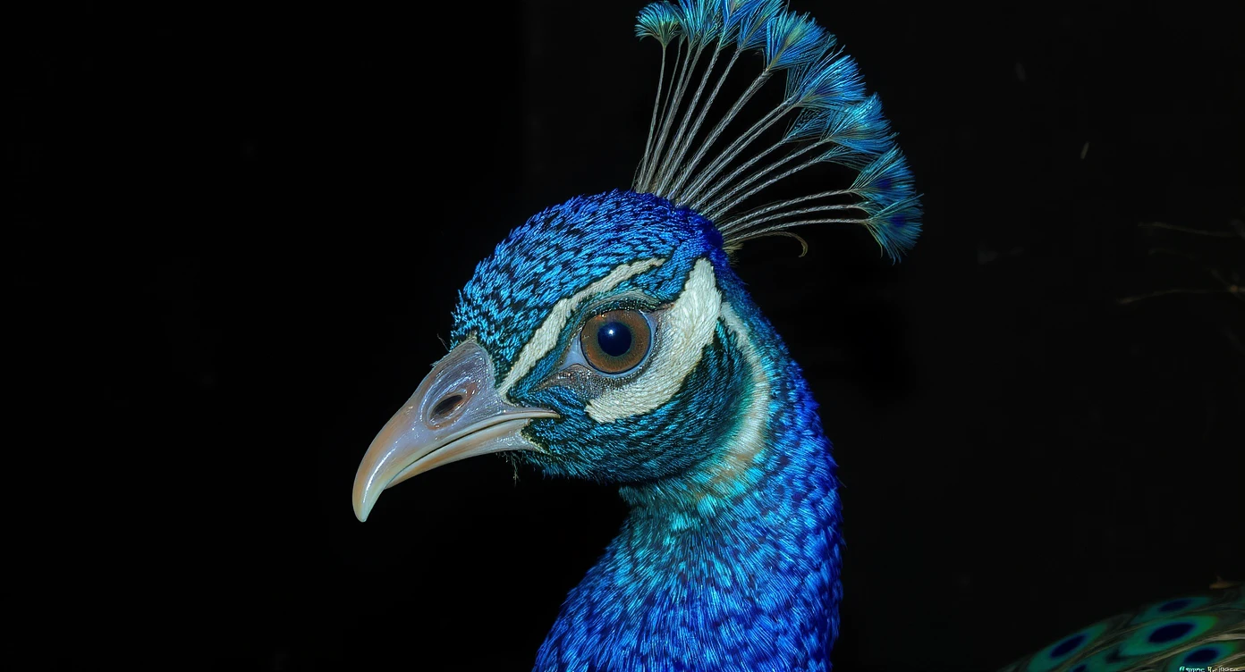 a stunning close-up of a peacock with vibrant blue feathers and a delicate feather crown, set against a dark background. emoji