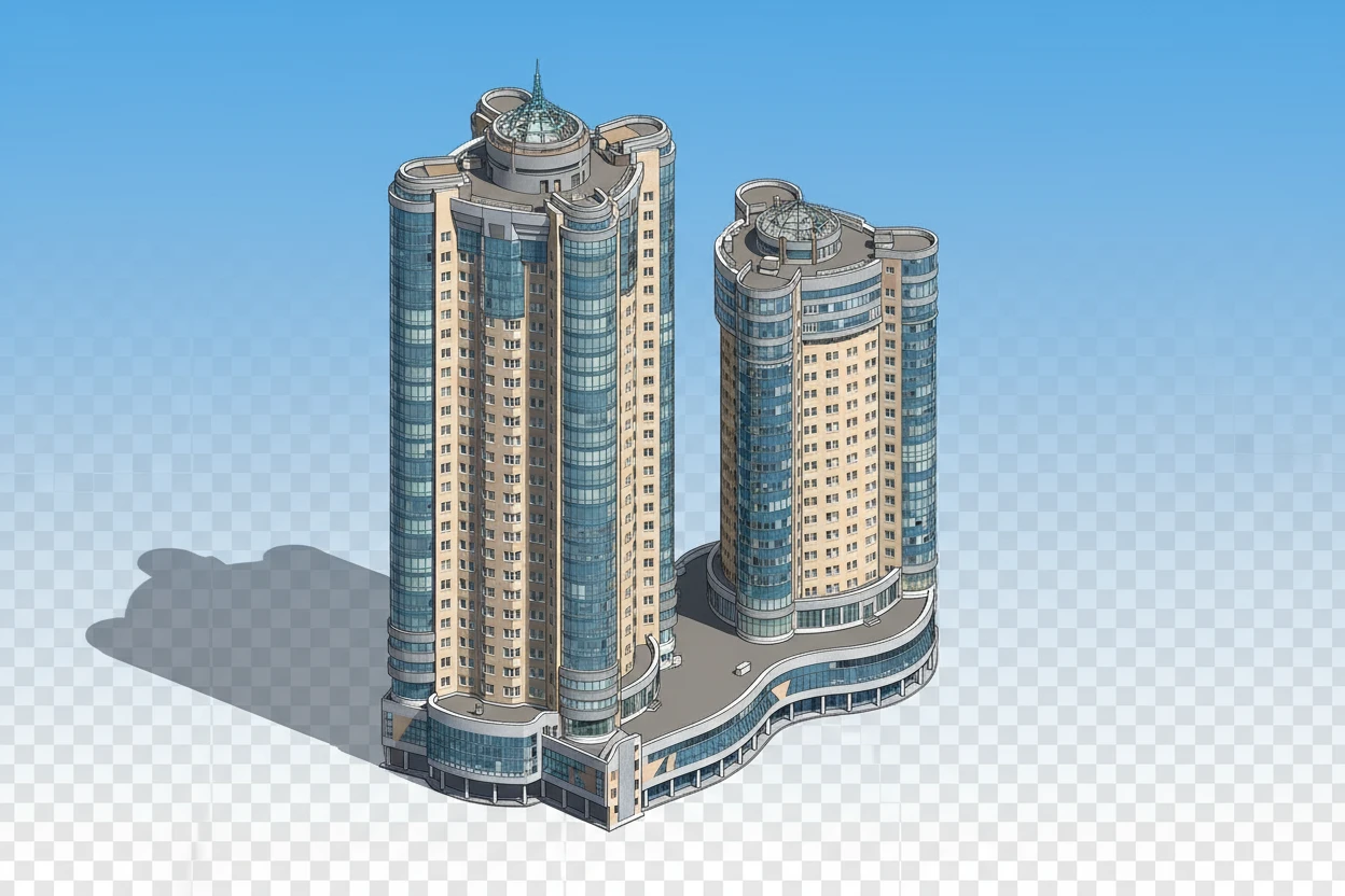 Изометричная, яркая, детализированная, объемная и фотореалистичная отдельная иллюстрация башни «Ладья-2» в Самаре. Чёткие контуры, не размазанные линии, высокое качество, прозрачный фон, не обрезать края картинки emoji