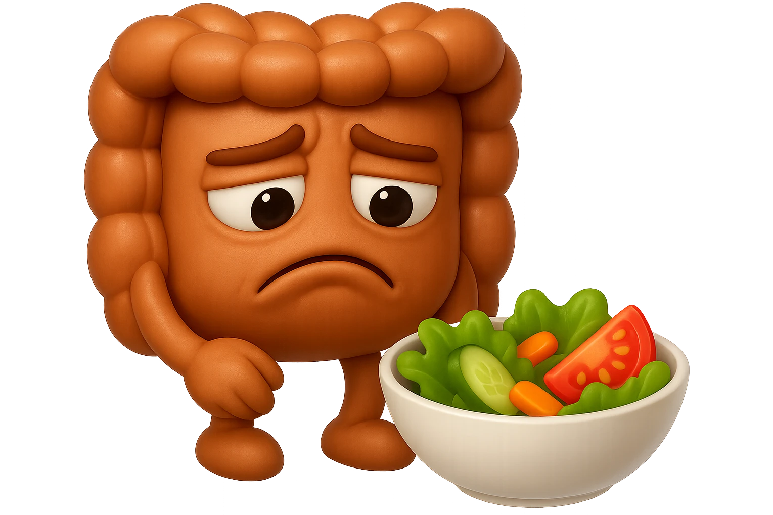 EMOJI STILE IPHONE DI UN INTESTINO UMANO ANATOMICO CHE GUARDA UN INSALATA CON ESPRESSIONE TRISTE E RASSEGNATA IN VOLTO: SOFFRE LA FAME PERCHé è A DIETA, FAGLI ANCHE LA PARTE BIANCA DEGLI OCCHI, NON SOLO LE PUPILLE, IPERREALISTICO 4K emoji