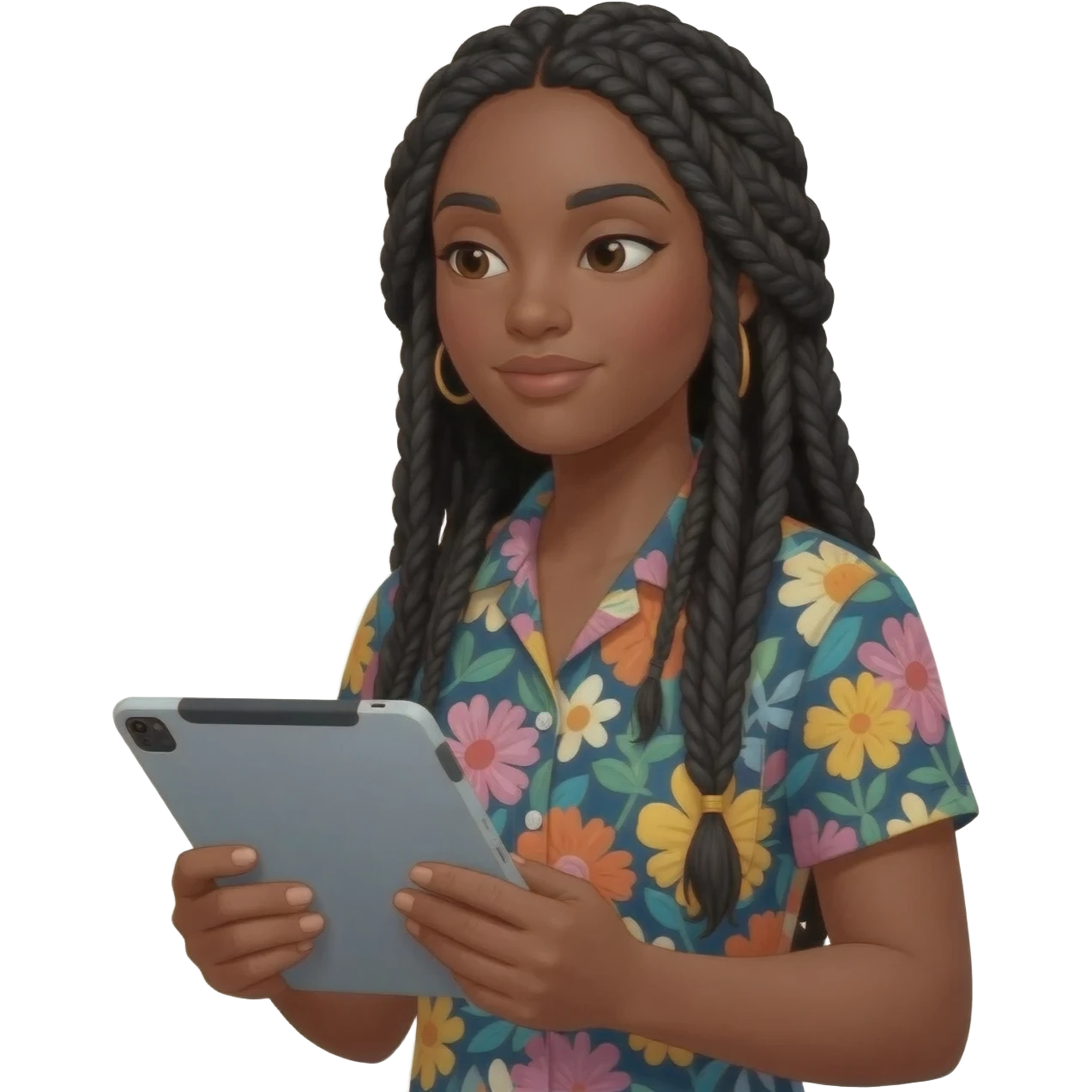 Emoji représentant une femme à la peau marron avec de longues braids noires et portant une chemise à fleurs, regardant la tablette graphique dans ses mains emoji