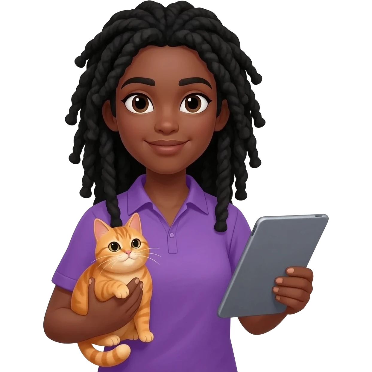 Émoji représentant une femme peau marron avec des longues nattes noires, une chemise violette, tenant un chat orange dans une main et une tablette dans l'autre emoji