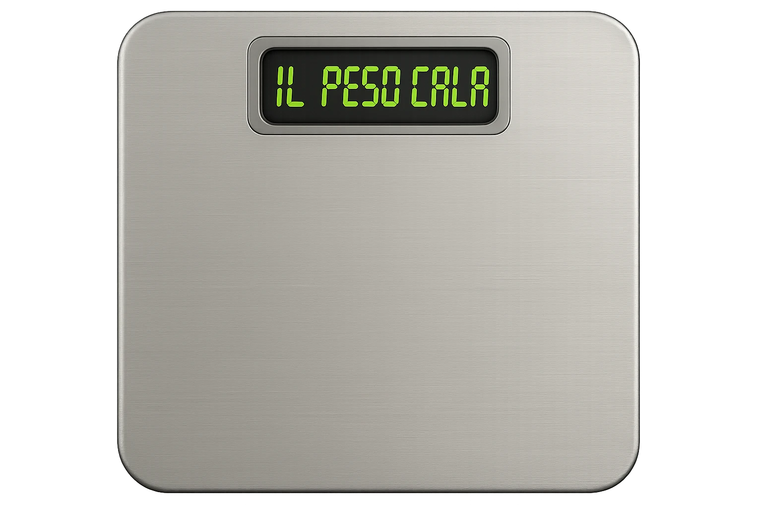 bilancia PESAPERSONE vista dall'alto con la scritta "IL PESO CALA" SUL DISPLAY, IPERREALISTA 4K emoji