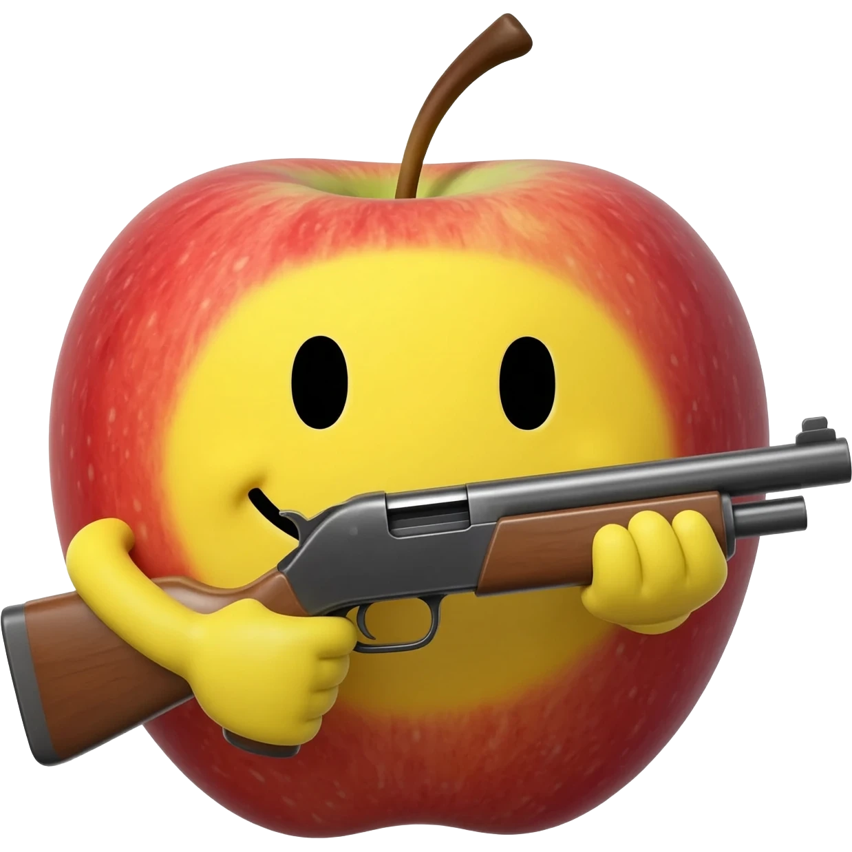 an apple emoji with the yellow simily face but no teeth showing holding a shotgun emoji