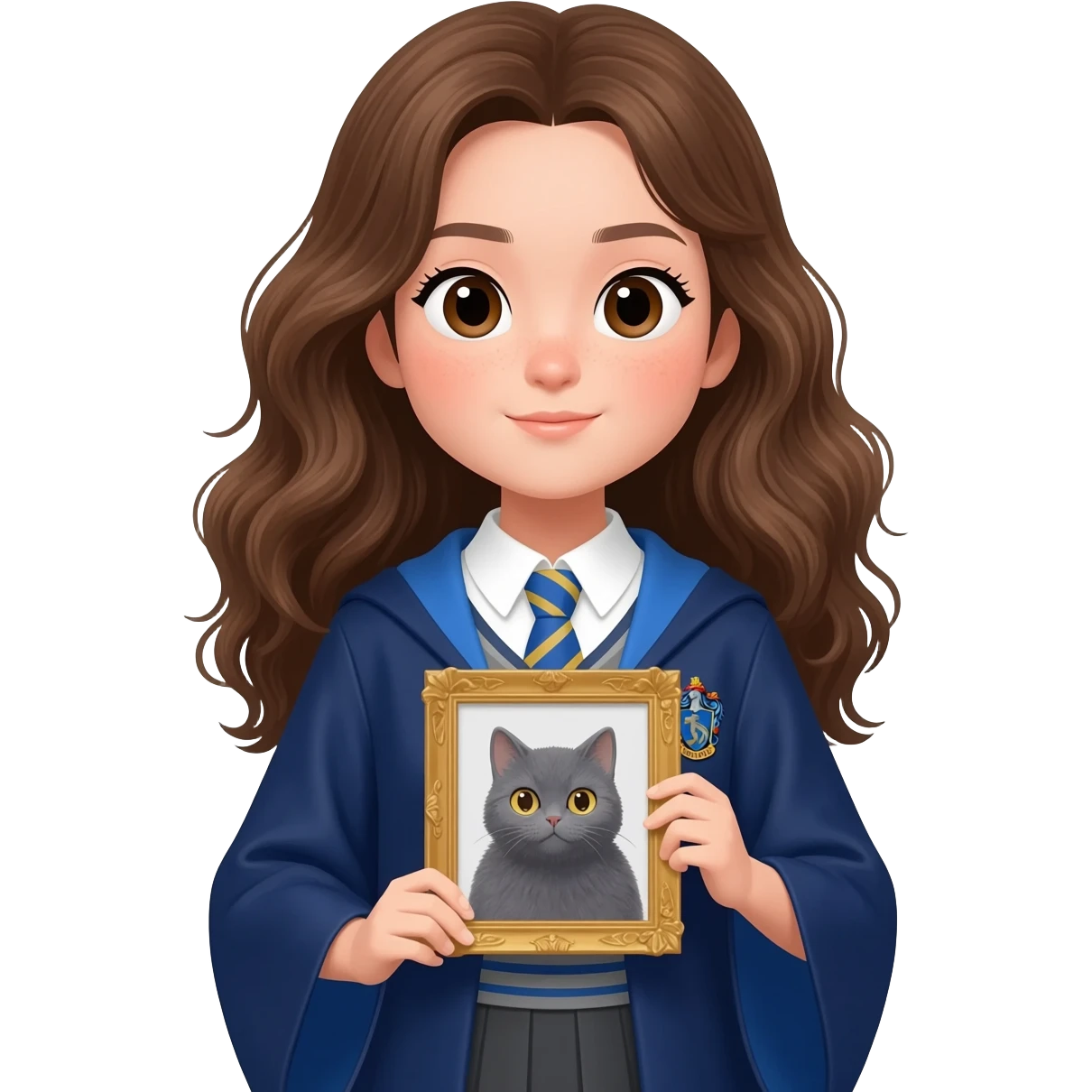 Asian girl with long wavy brown hair and brown eyes wearing Ravenclaw robe from Harry Potter, holding a gray cat emoji