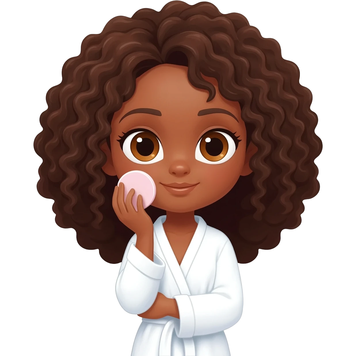 Menina parda,de olhos castanhos claros, com cabelos grandes encaracolados e um roupão branco e cosa fazendo skin care emoji