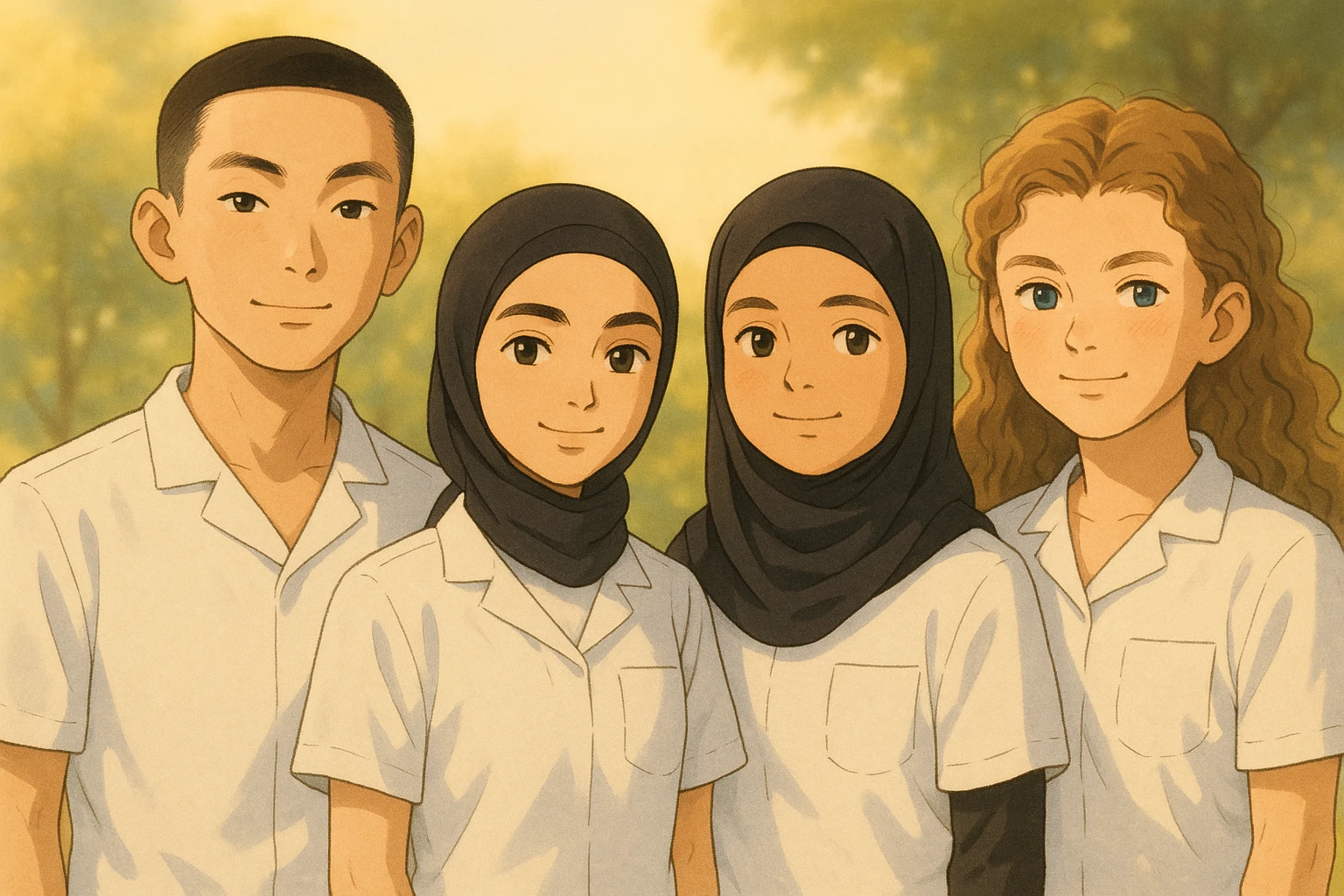 Four nursing students standing side by side in a warm atmosphere, styled in Ghibli. They wear white short-sleeve uniforms without collars, no undershirts or stethoscopes. Tops are medical tunics with V-necks and a chest pocket on the left side. Faces and attitudes inspired by the four provided photos, with a different composition. emoji